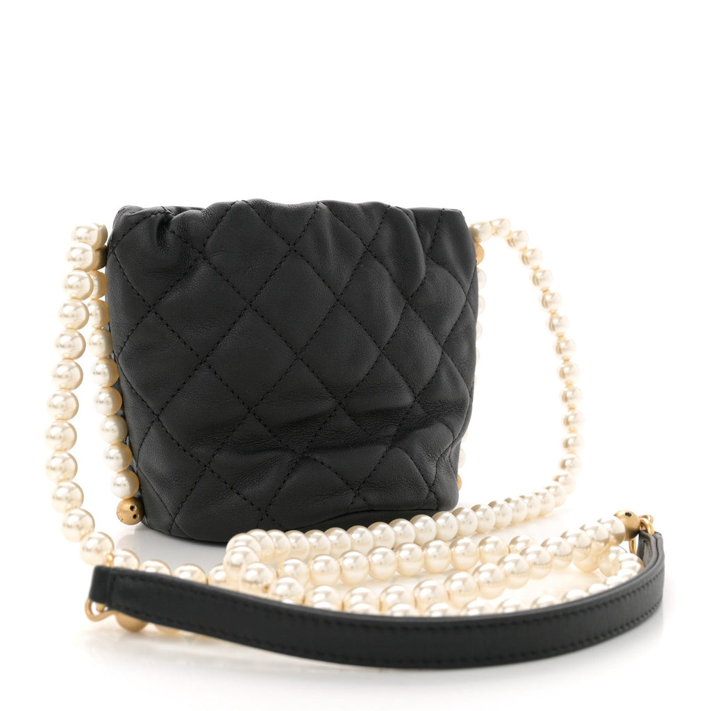 Calfskin Quilted Pearl Mini About Pearls Drawstring Bucket Bag Black