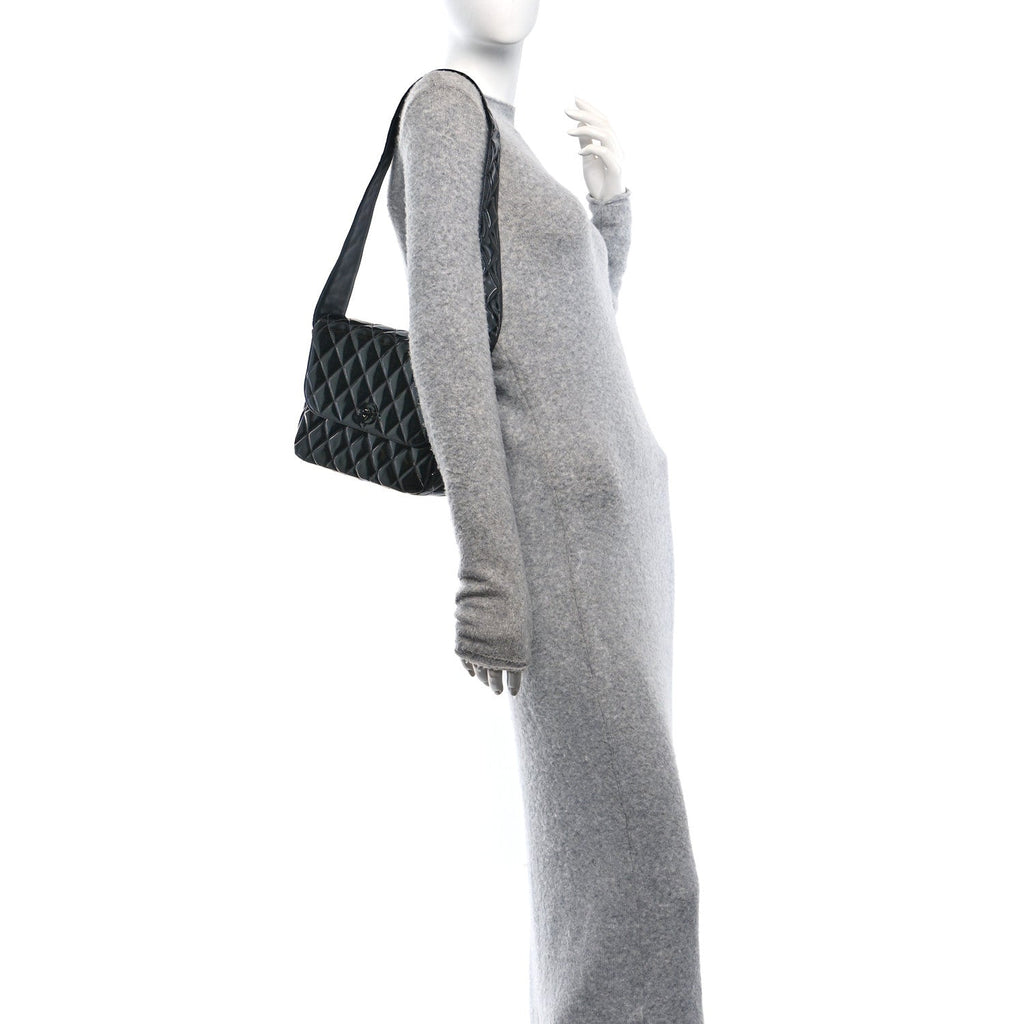 Patent Quilted Shoulder Flap Bag Black