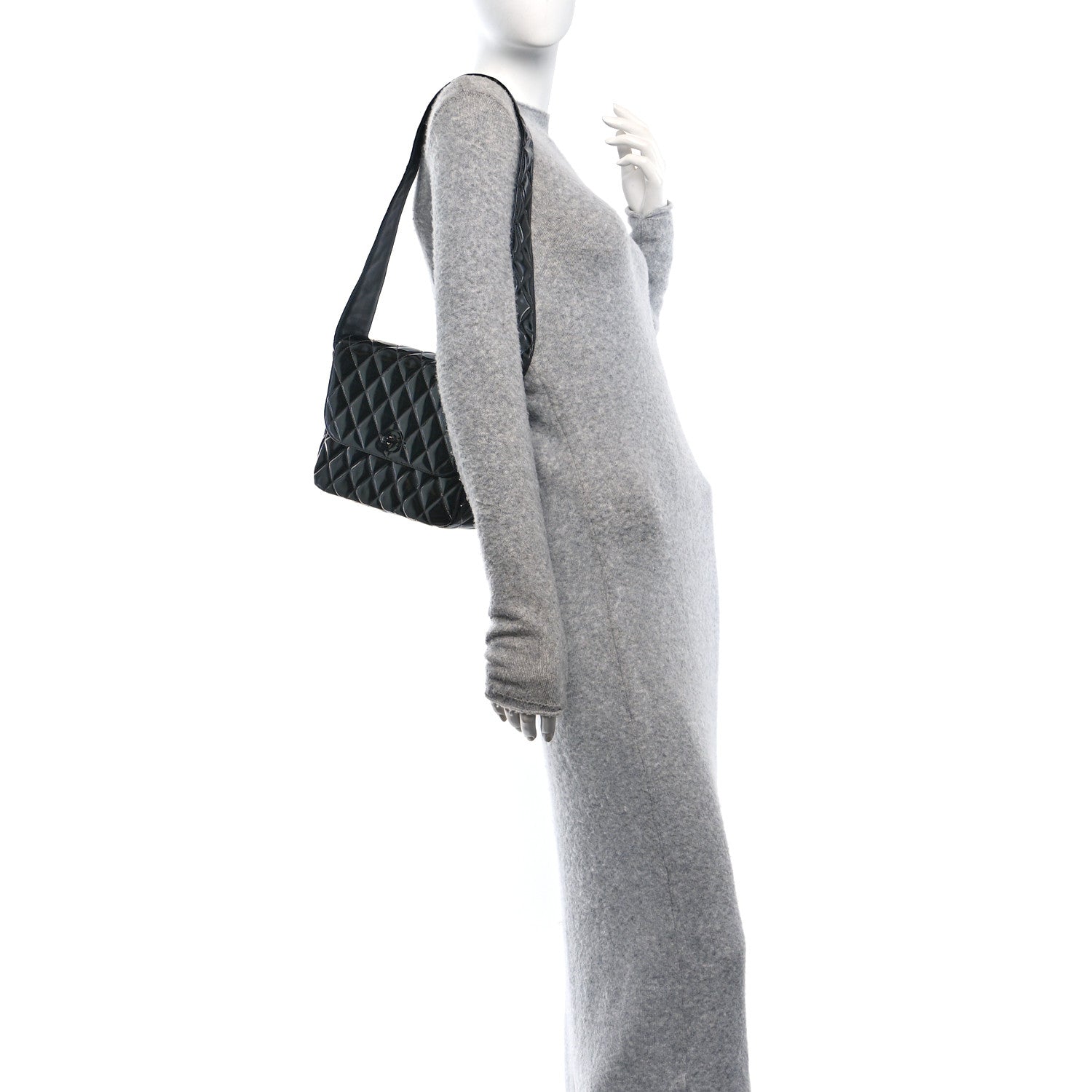 Patent Quilted Shoulder Flap Bag Black
