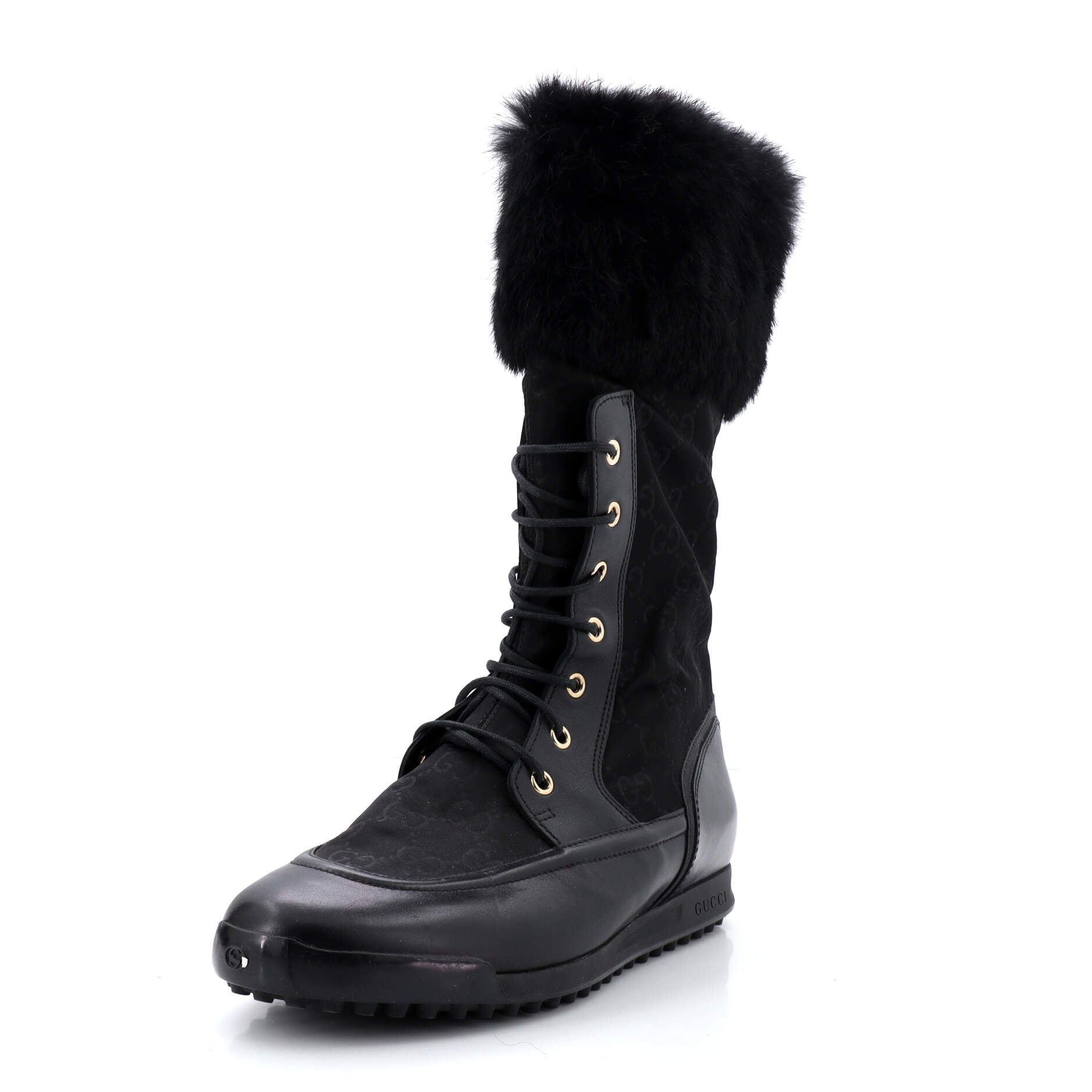 Women's Lace-Up Winter Boots GG Nylon and Leather with Fur