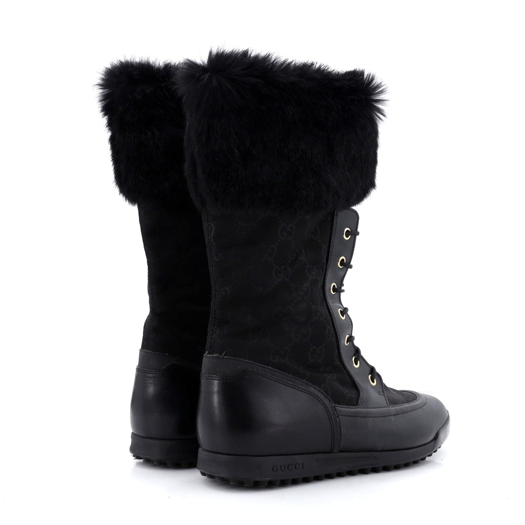 Women's Lace-Up Winter Boots GG Nylon and Leather with Fur