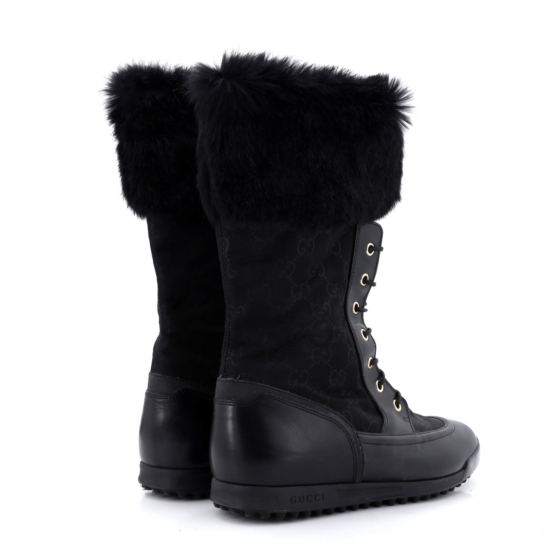 Women's Lace-Up Winter Boots GG Nylon and Leather with Fur