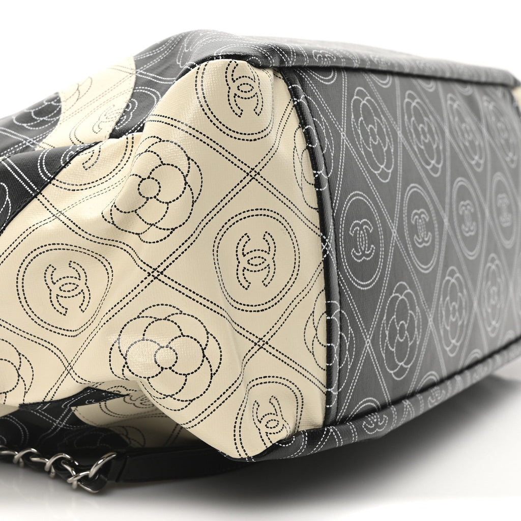 Coated Canvas Camellia Medium Shopping Tote Black Beige
