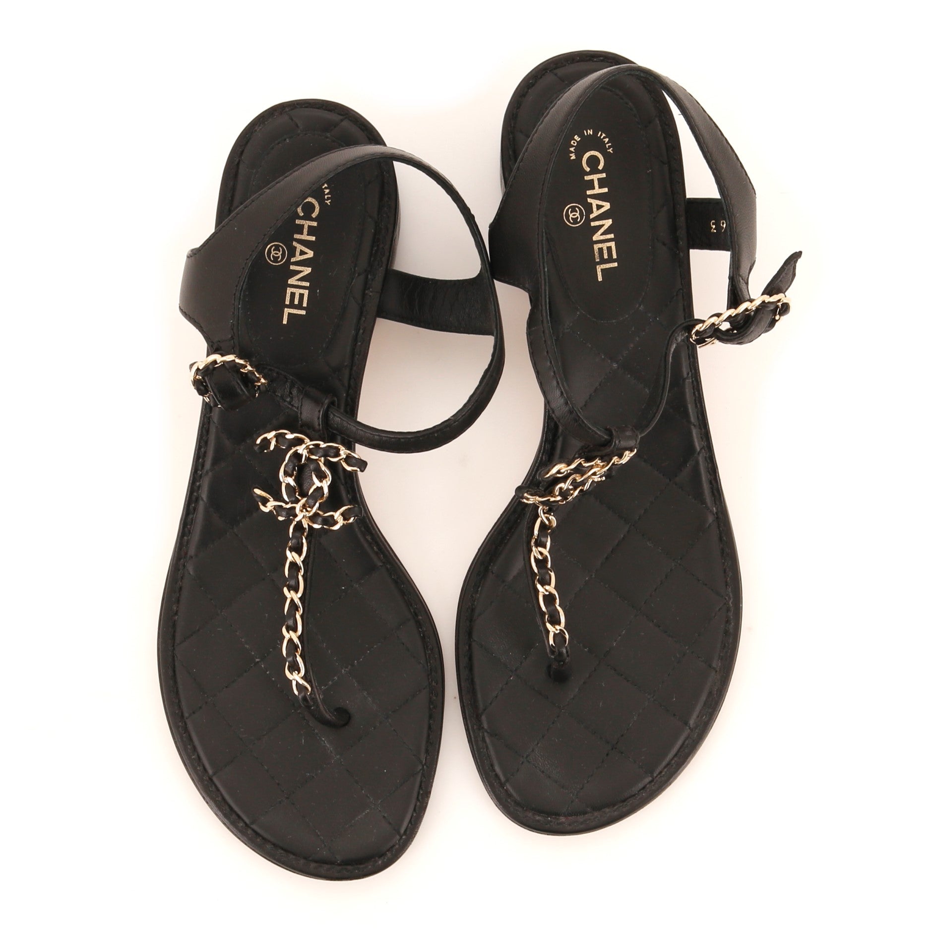 Women's CC Chain T-Strap Sandals Quilted Leather