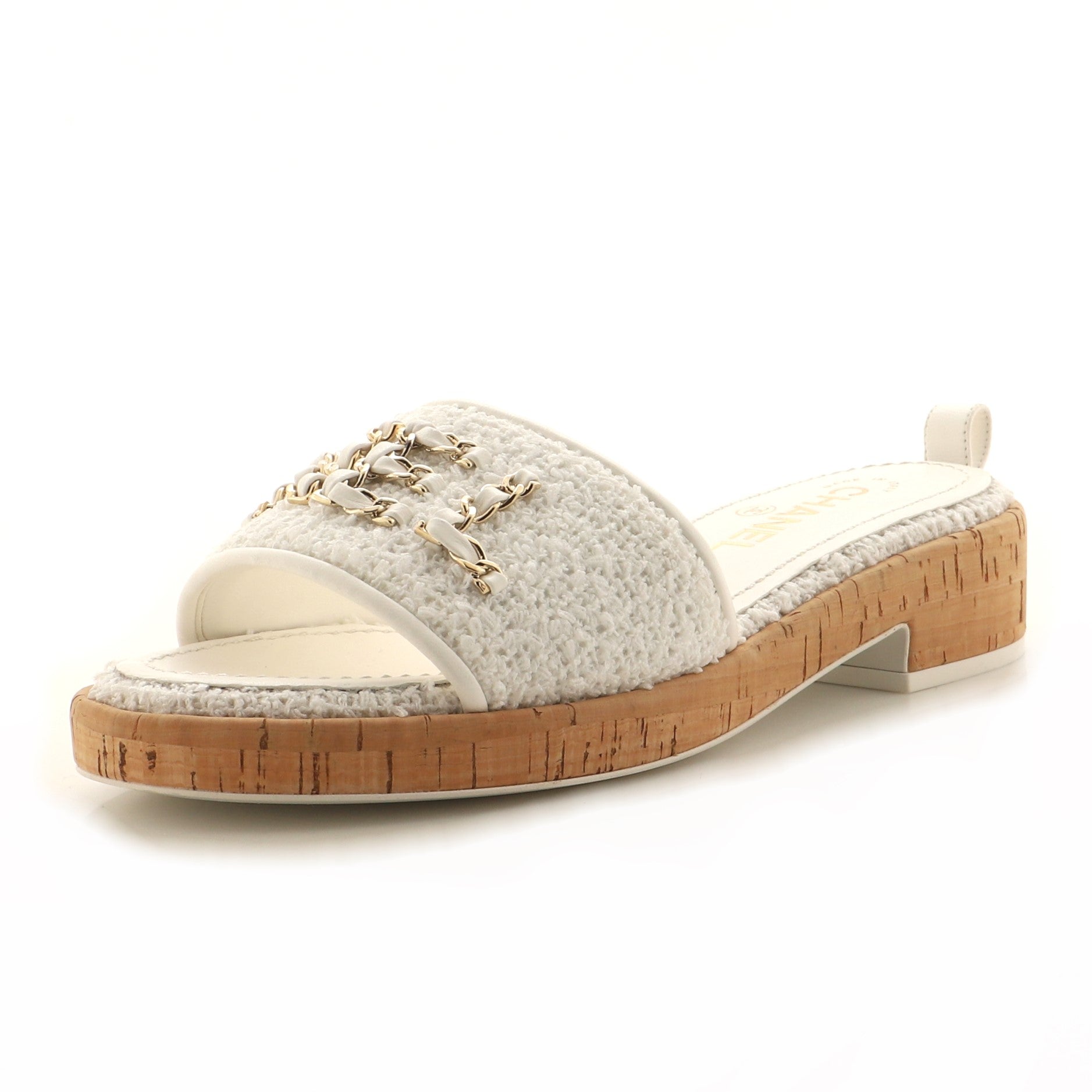 Women's Chain CHA-NEL Mule Sandals Tweed and Cork