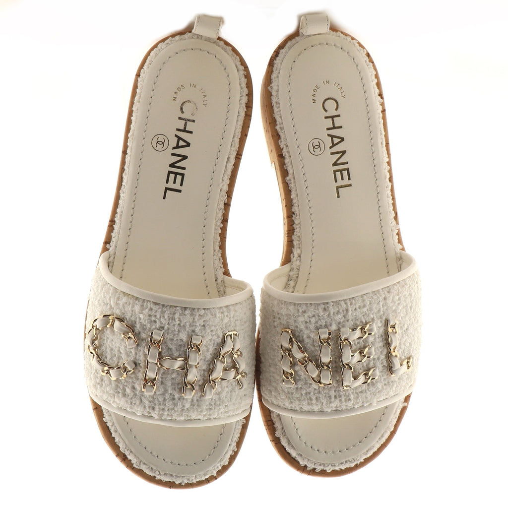 Women's Chain CHA-NEL Mule Sandals Tweed and Cork