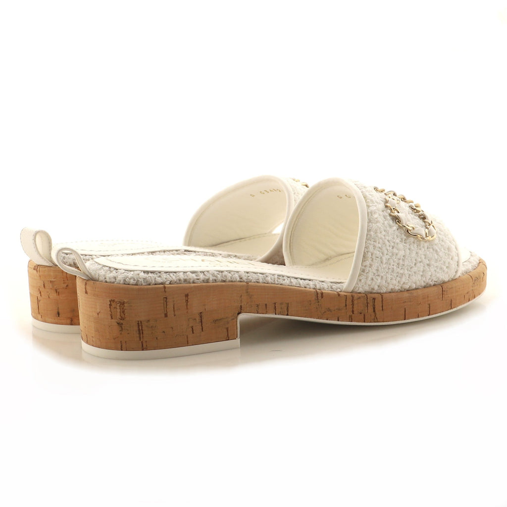 Women's Chain CHA-NEL Mule Sandals Tweed and Cork