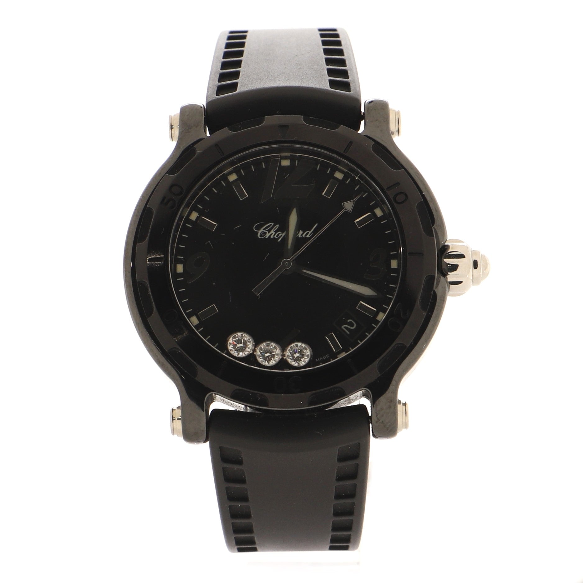 Happy Sport Quartz Watch Stainless Steel and Rubber with Ceramic and Floating Diamonds 38