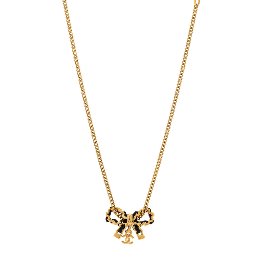 Metal Lambskin Chain CC Bow Necklace Black Gold