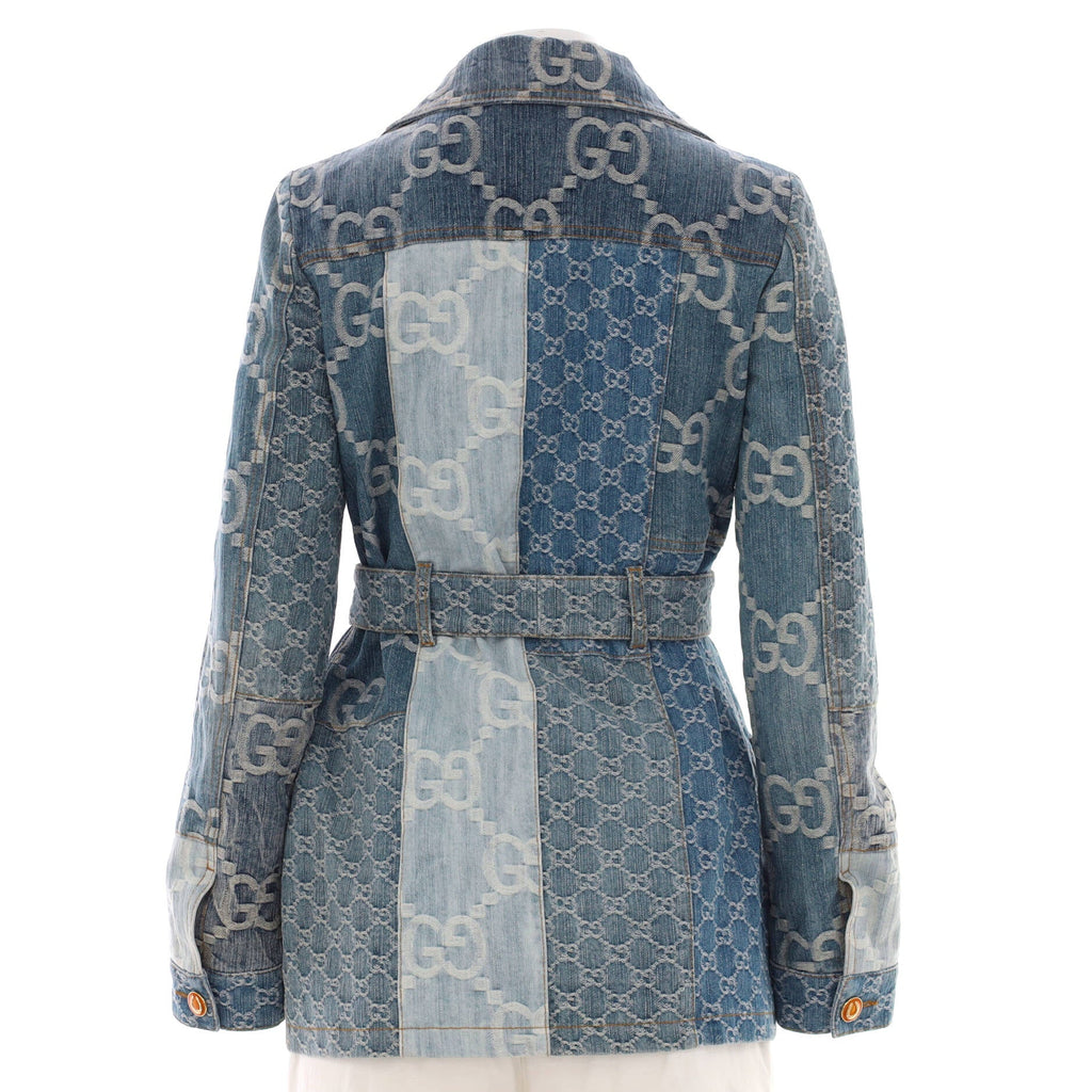 Women's Button Up Four Pocket Patchwork Belted Jacket GG Denim