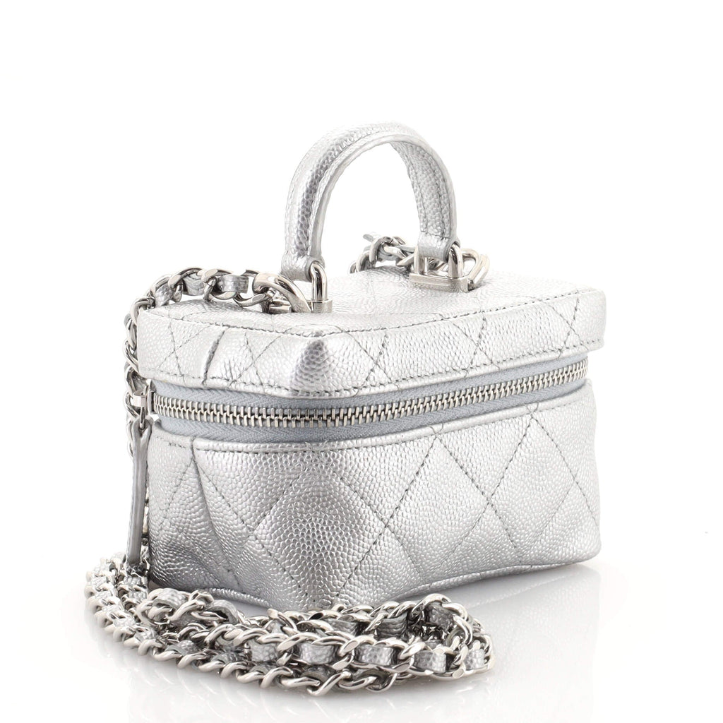 Top Handle Zip Around Vanity Case with Chain Quilted Caviar Mini