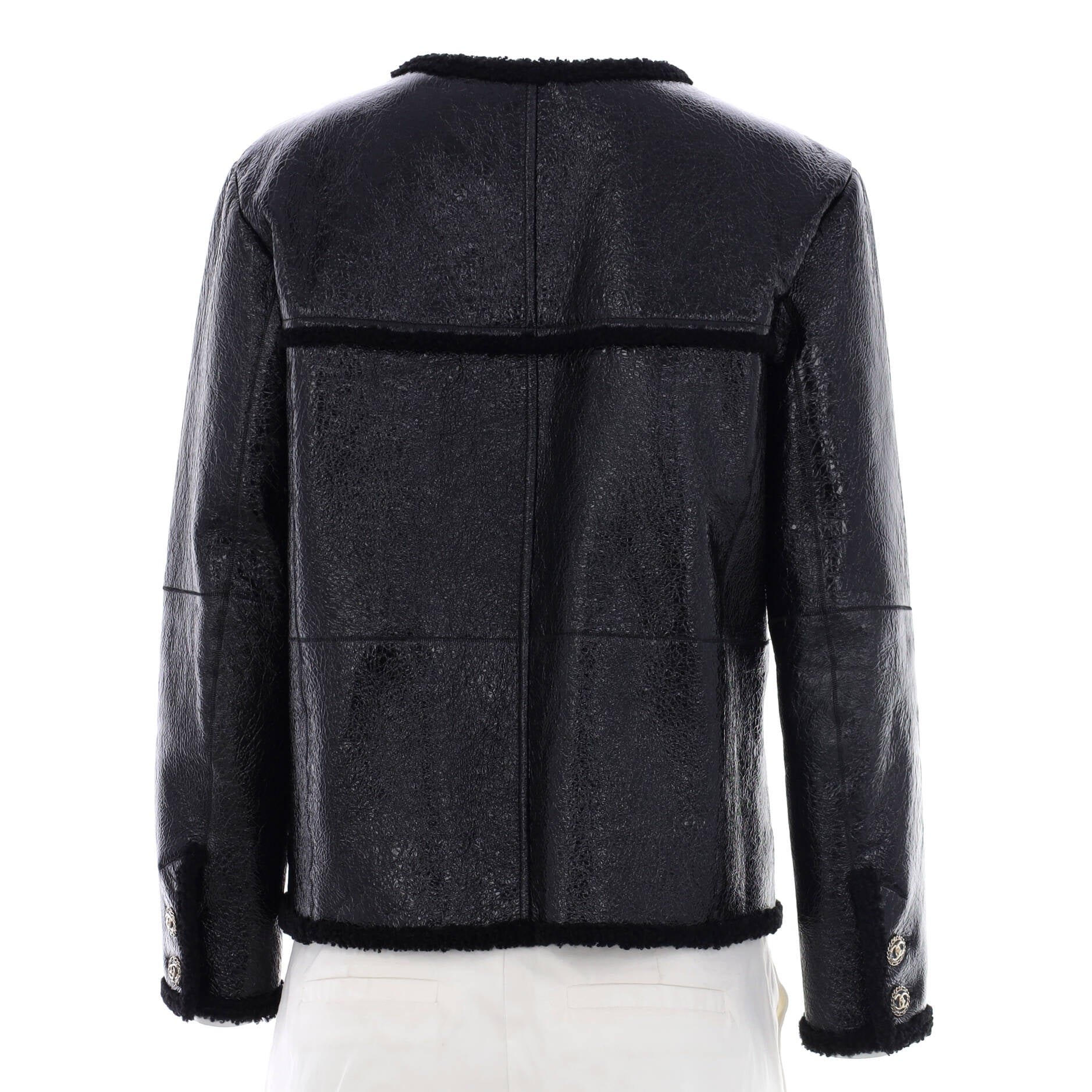 Women's Double Pocket Button Up Jacket Leather with Shearling Trim
