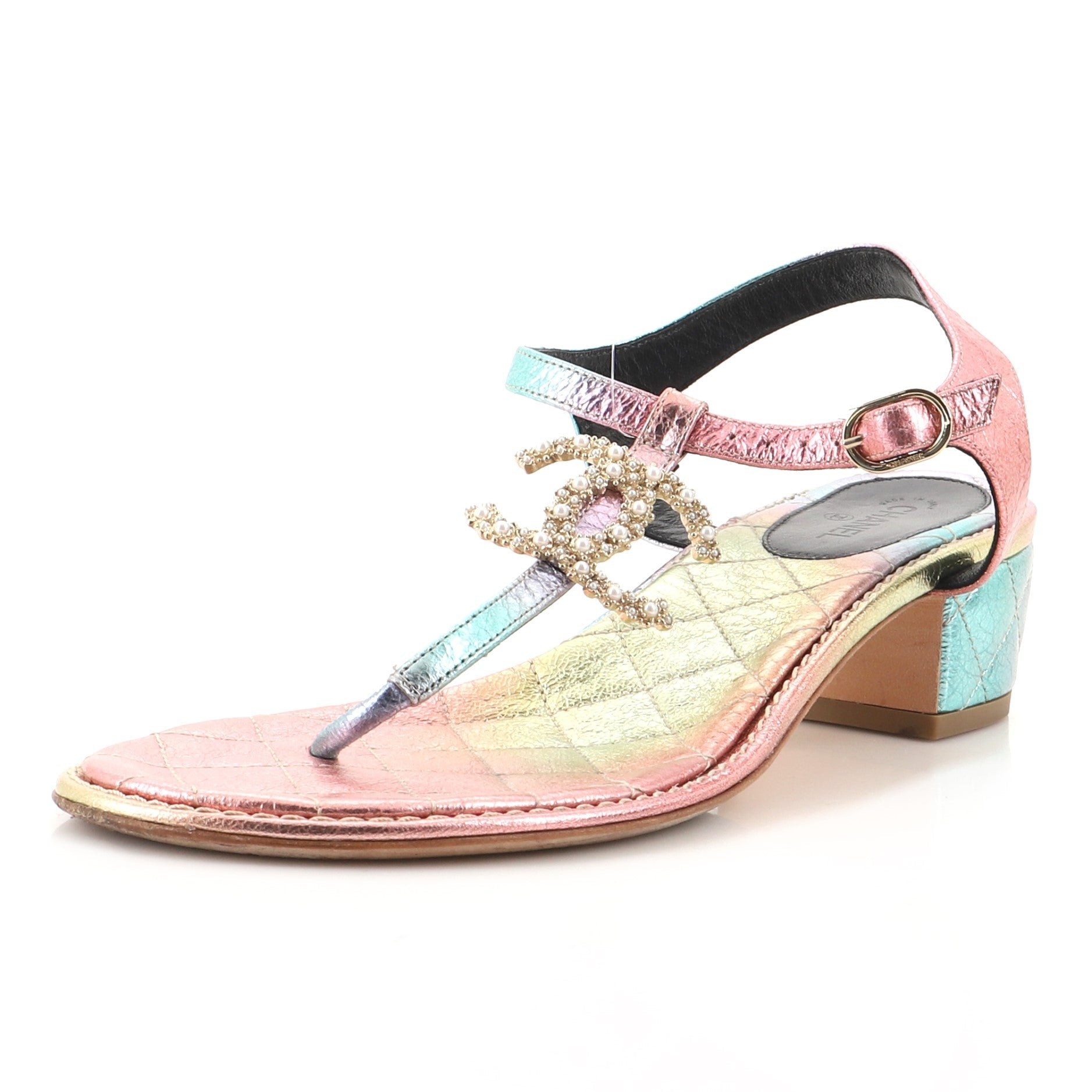Women's Embellished CC T-Strap Sandals Quilted Leather
