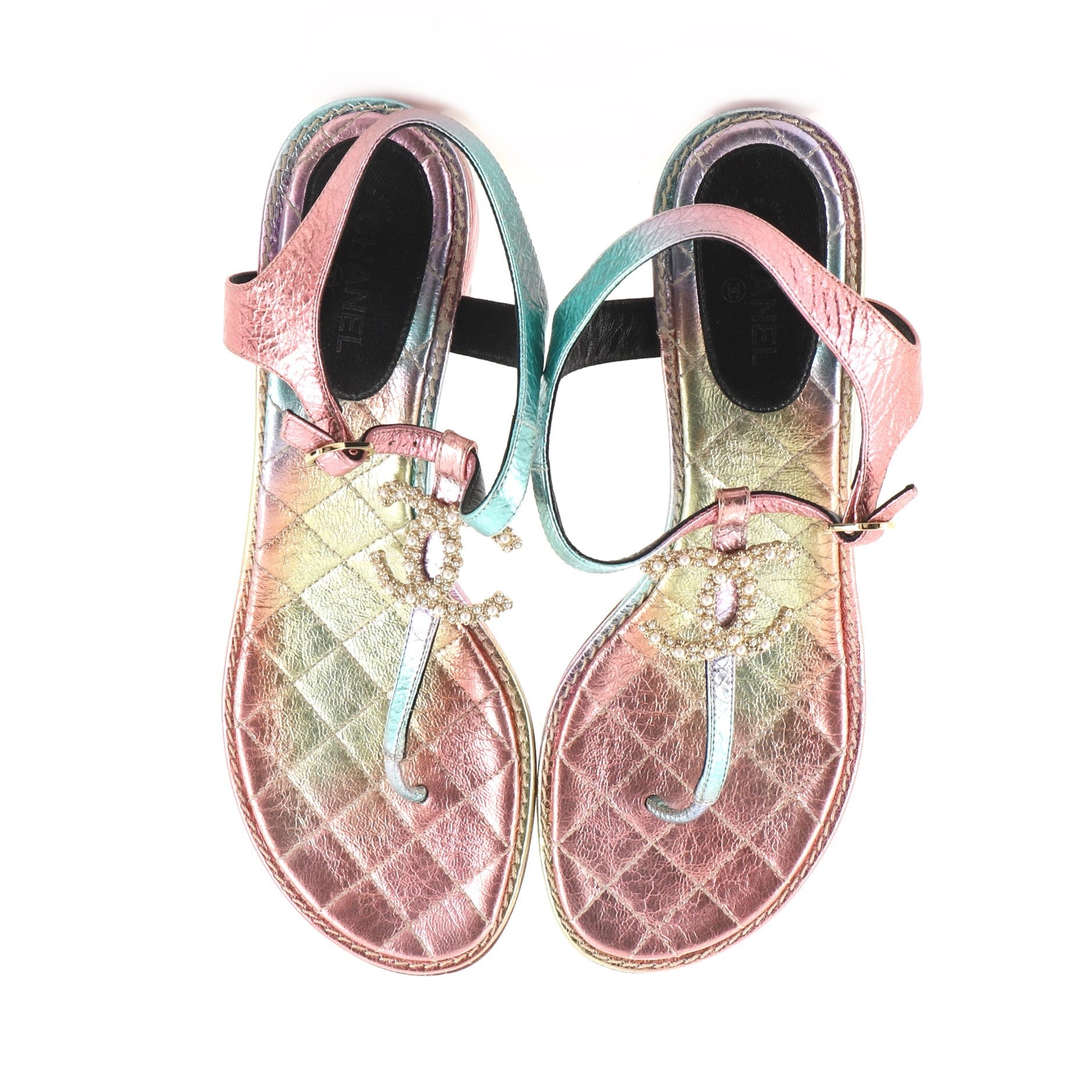 Women's Embellished CC T-Strap Sandals Quilted Leather