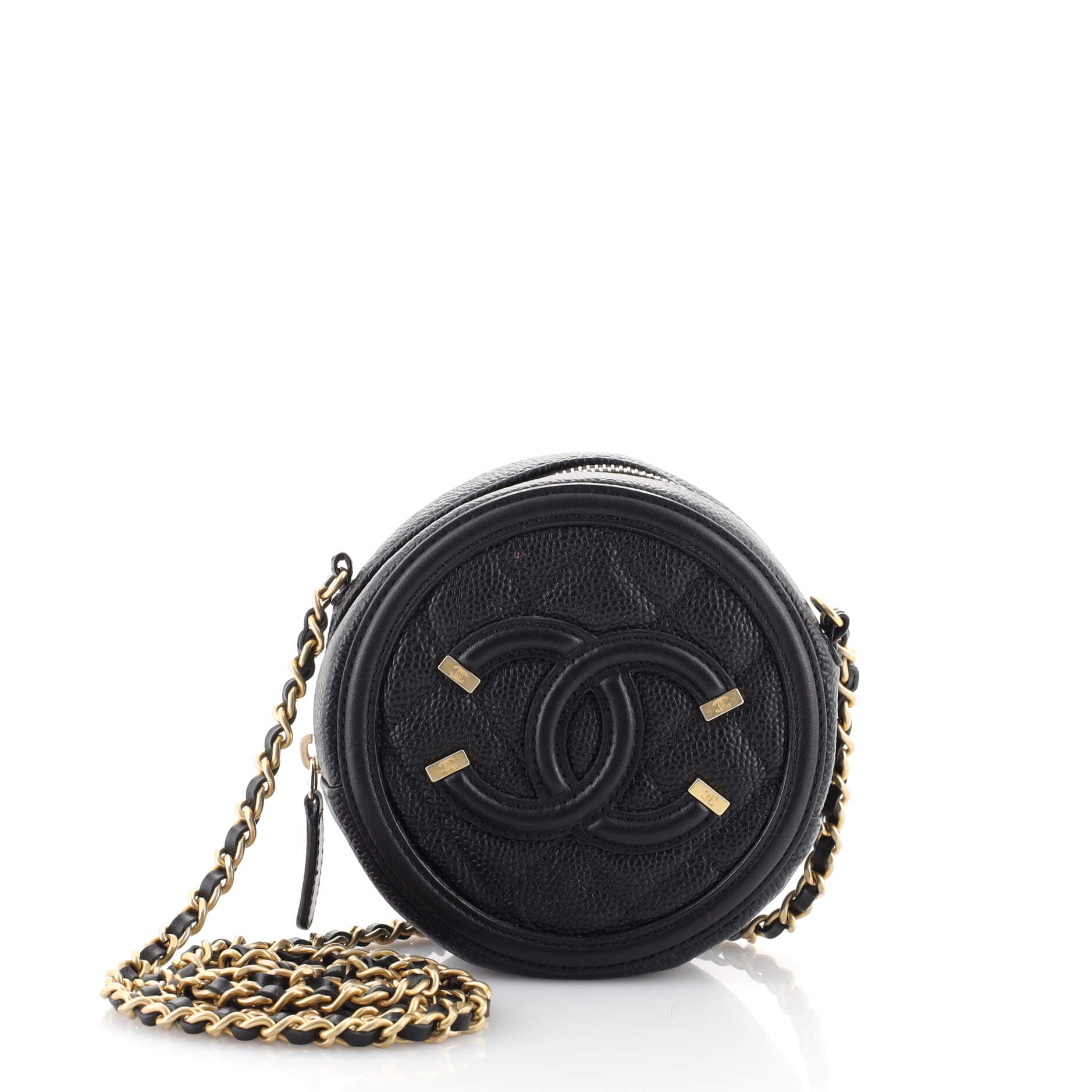 Filigree Round Clutch with Chain Quilted Caviar Mini