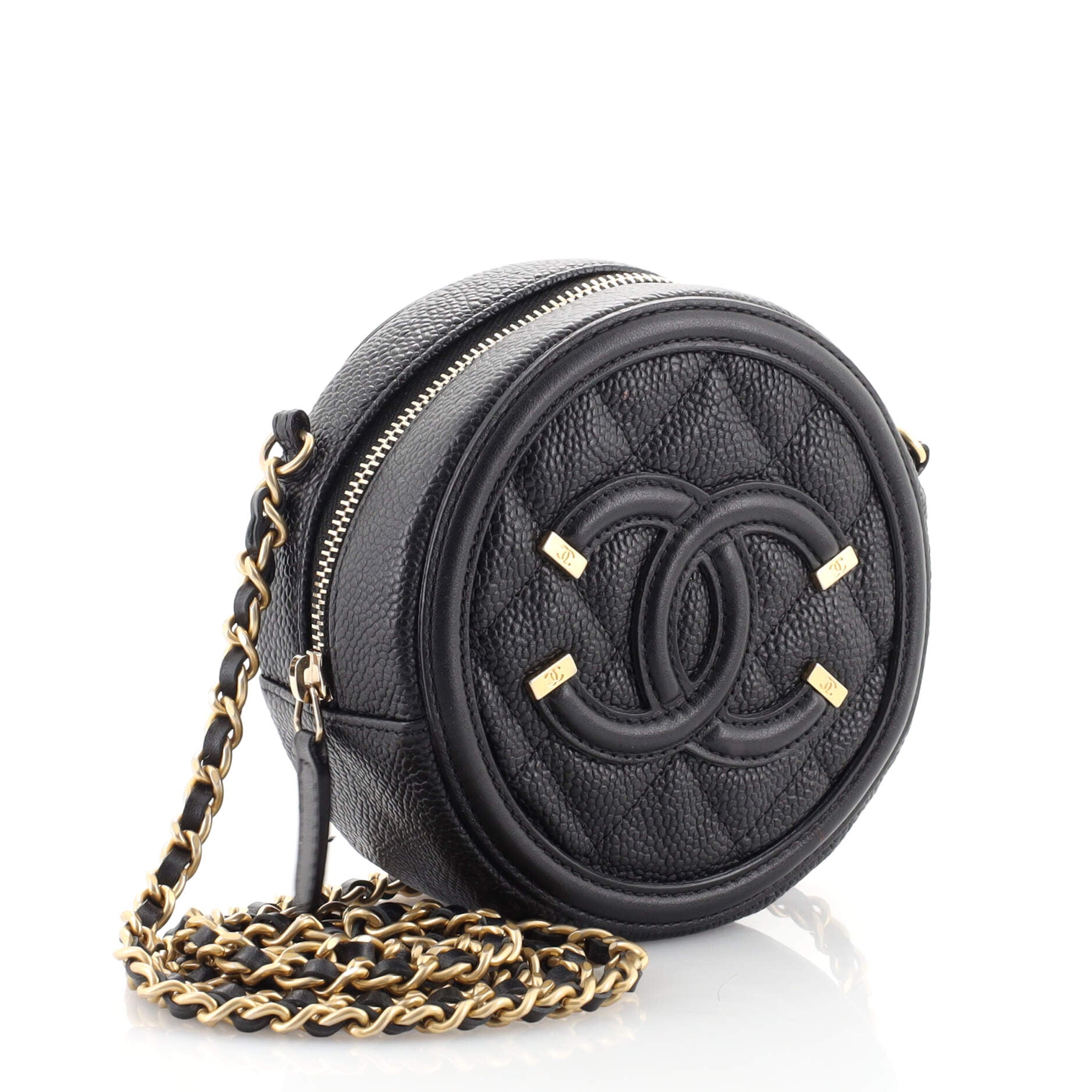 Filigree Round Clutch with Chain Quilted Caviar Mini