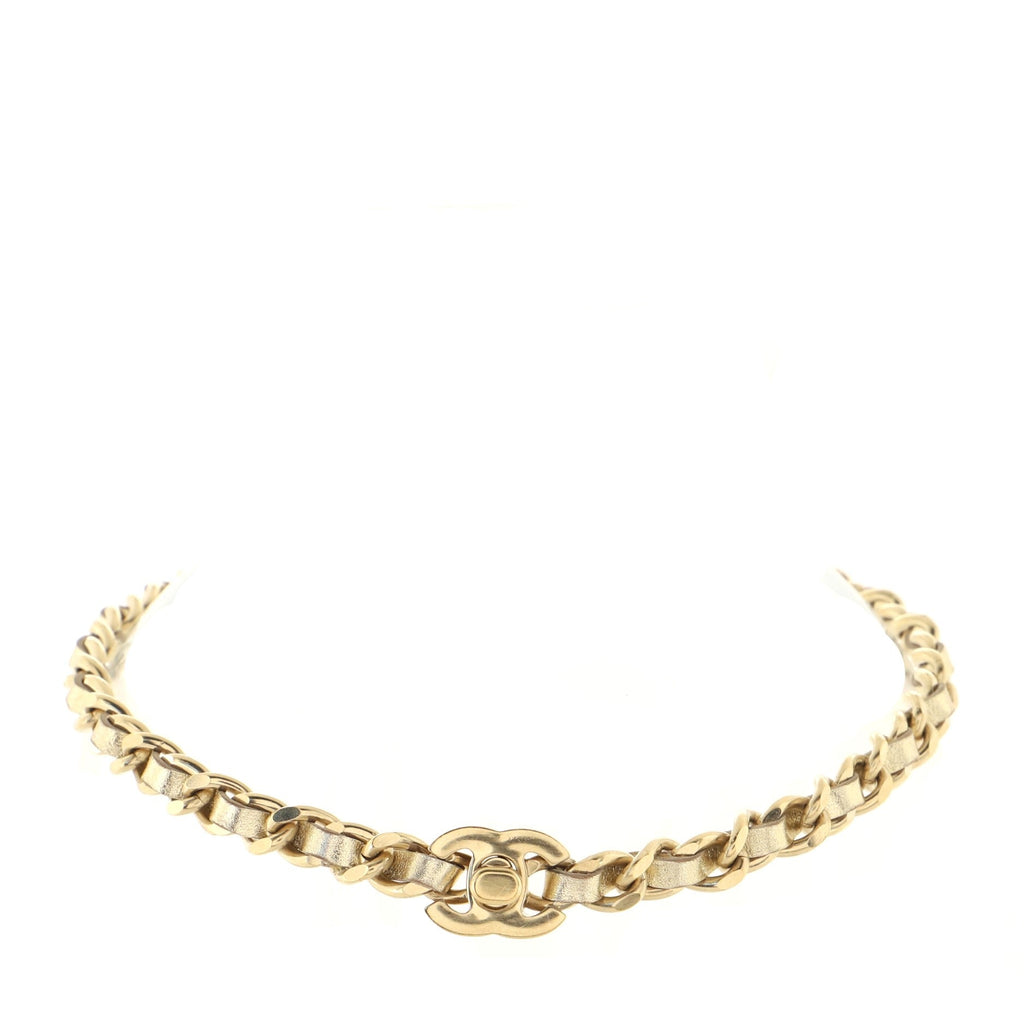 CC Turn Lock Choker Necklace Leather and Metal