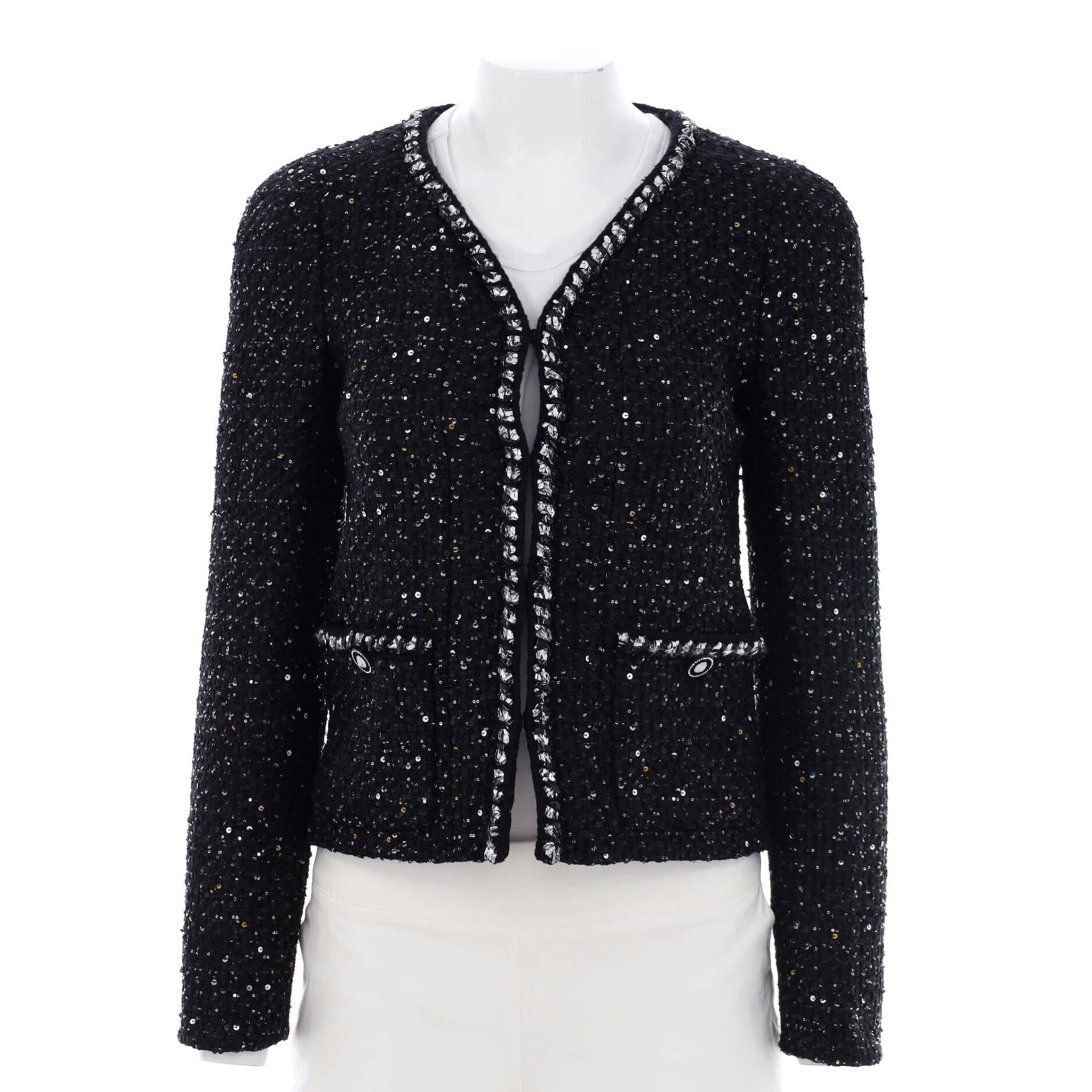 Women's Collarless Double Button Pocket Jacket Tweed