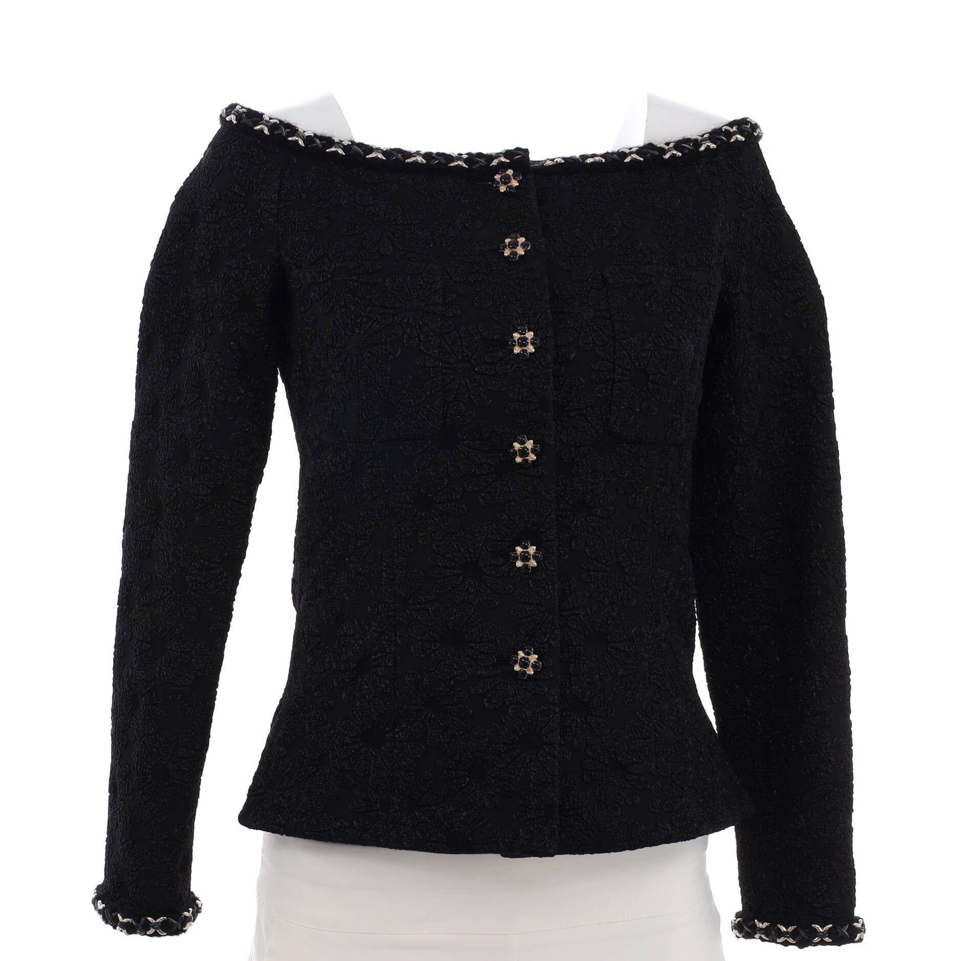 Women's Embroidered Camellia Two Pocket Off Shoulder Button Jacket Polyamide and Polyester Blend