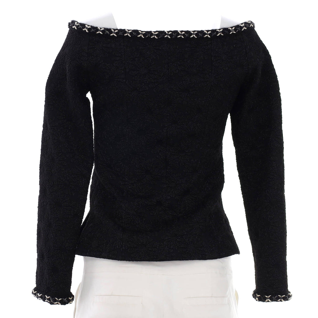 Women's Embroidered Camellia Two Pocket Off Shoulder Button Jacket Polyamide and Polyester Blend