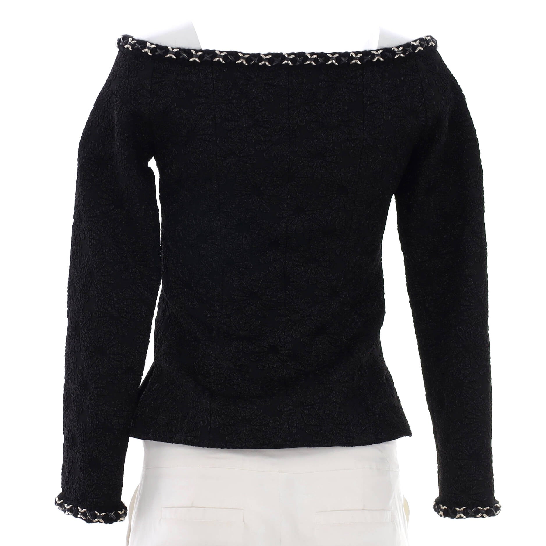 Women's Embroidered Camellia Two Pocket Off Shoulder Button Jacket Polyamide and Polyester Blend