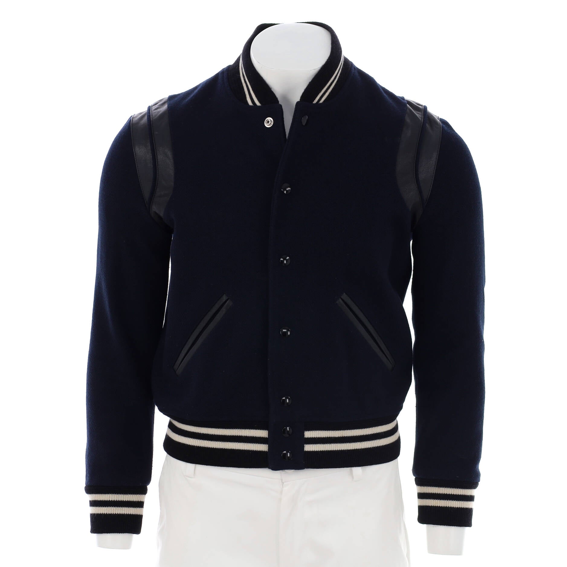 Men's Classic Teddy Bomber Jacket Wool Blend with Leather