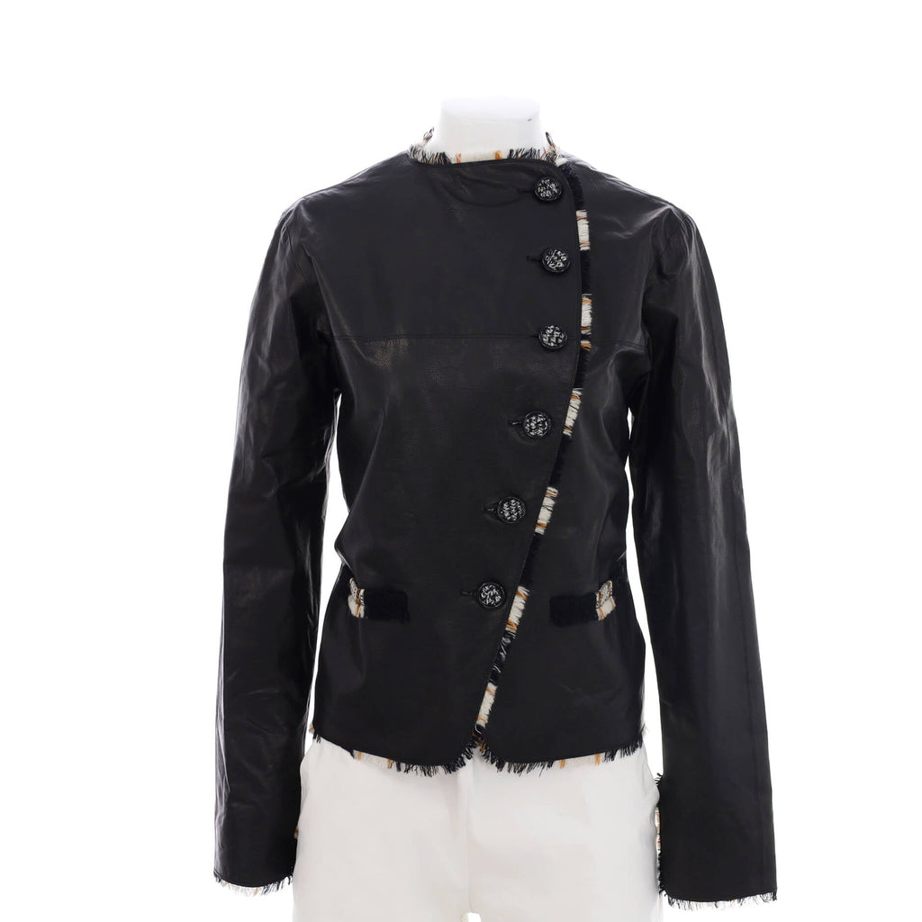 Women's Two Pocket Button Up Trim Jacket Leather with Tweed