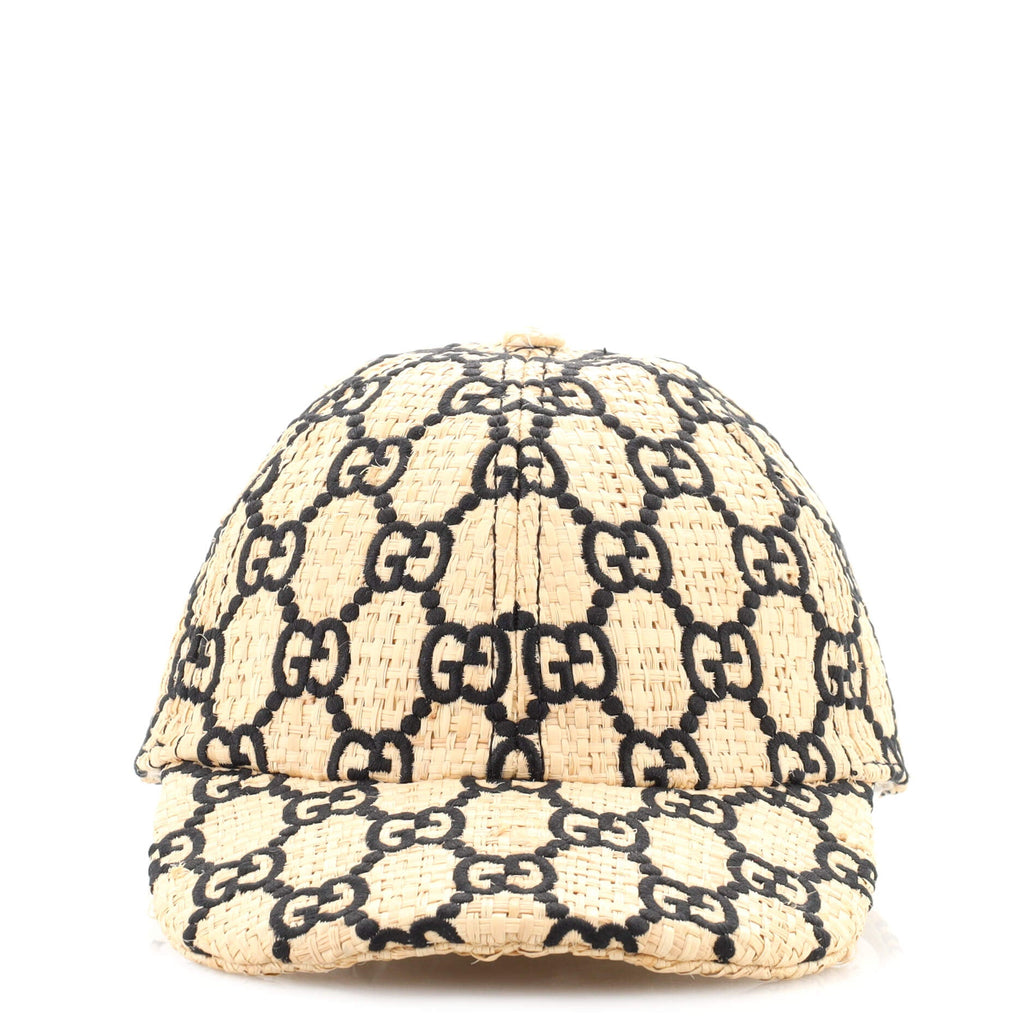 Baseball Cap GG Embroidered Woven Raffia with Snakeskin Detail Medium