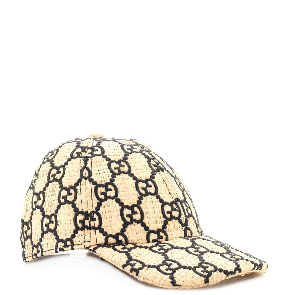 Baseball Cap GG Embroidered Woven Raffia with Snakeskin Detail Medium