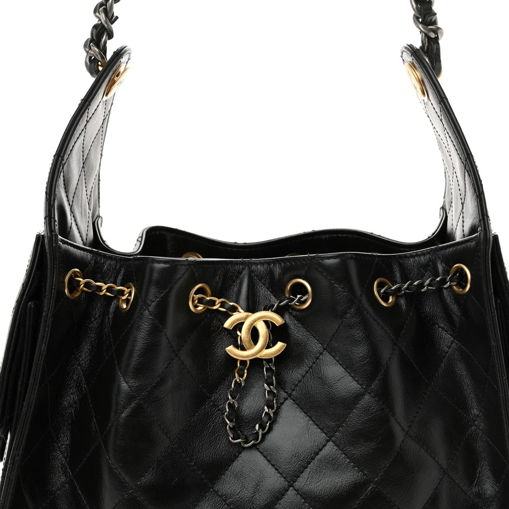 Shiny Crumpled Calfskin Quilted Small Chanel 25 Handbag Black
