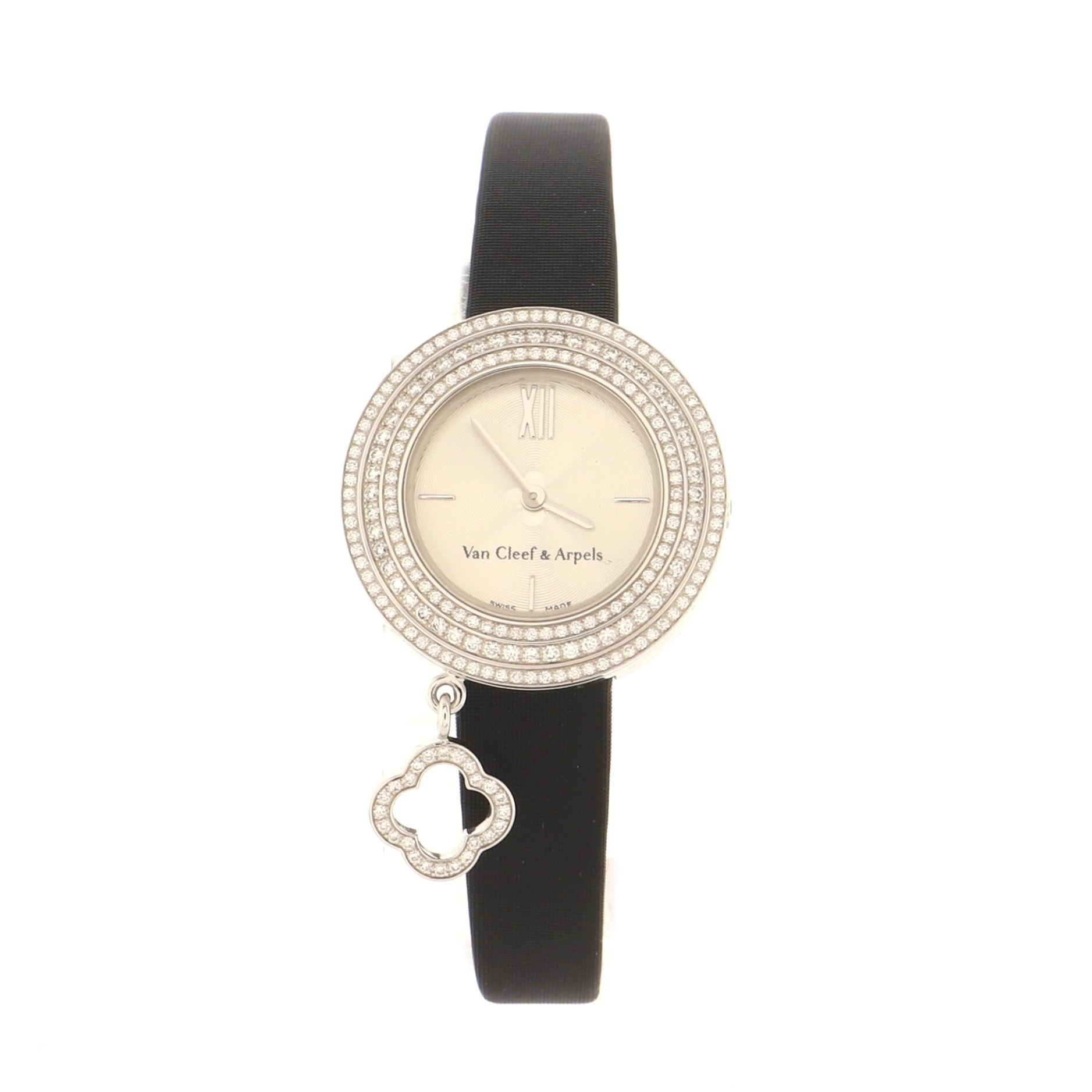 Charms Three Row Quartz Watch White Gold and Satin with Diamond Bezel 25