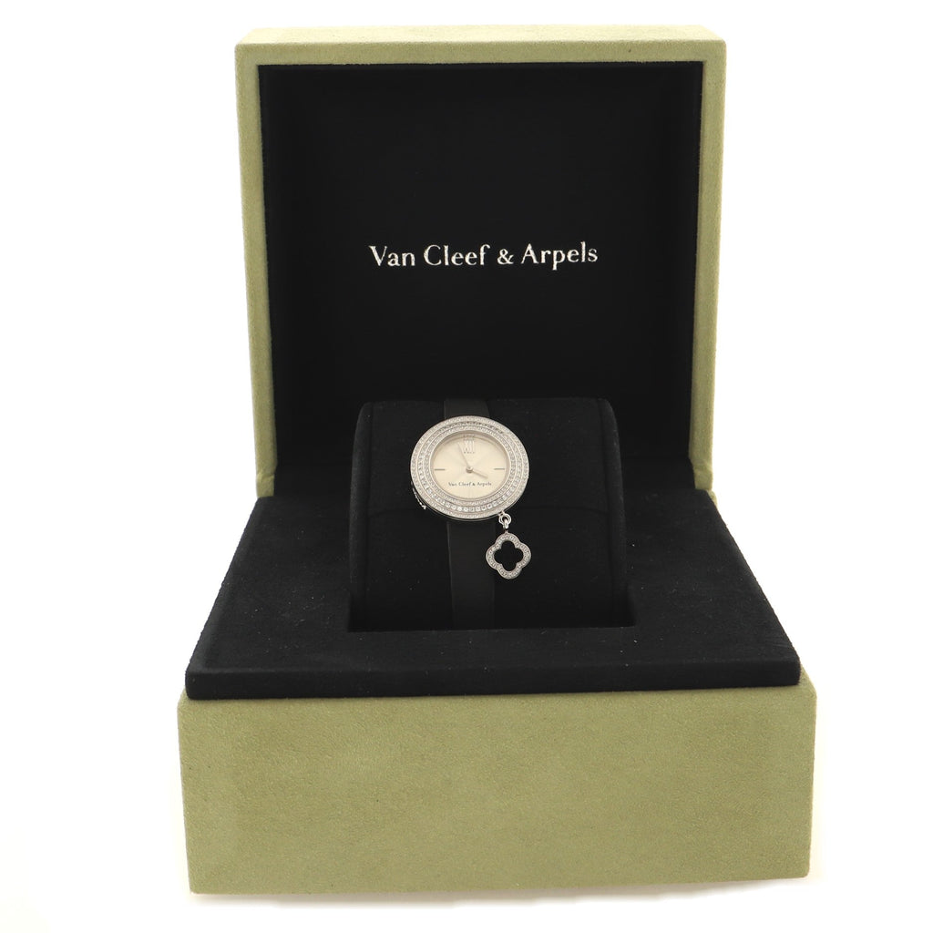 Charms Three Row Quartz Watch White Gold and Satin with Diamond Bezel 25