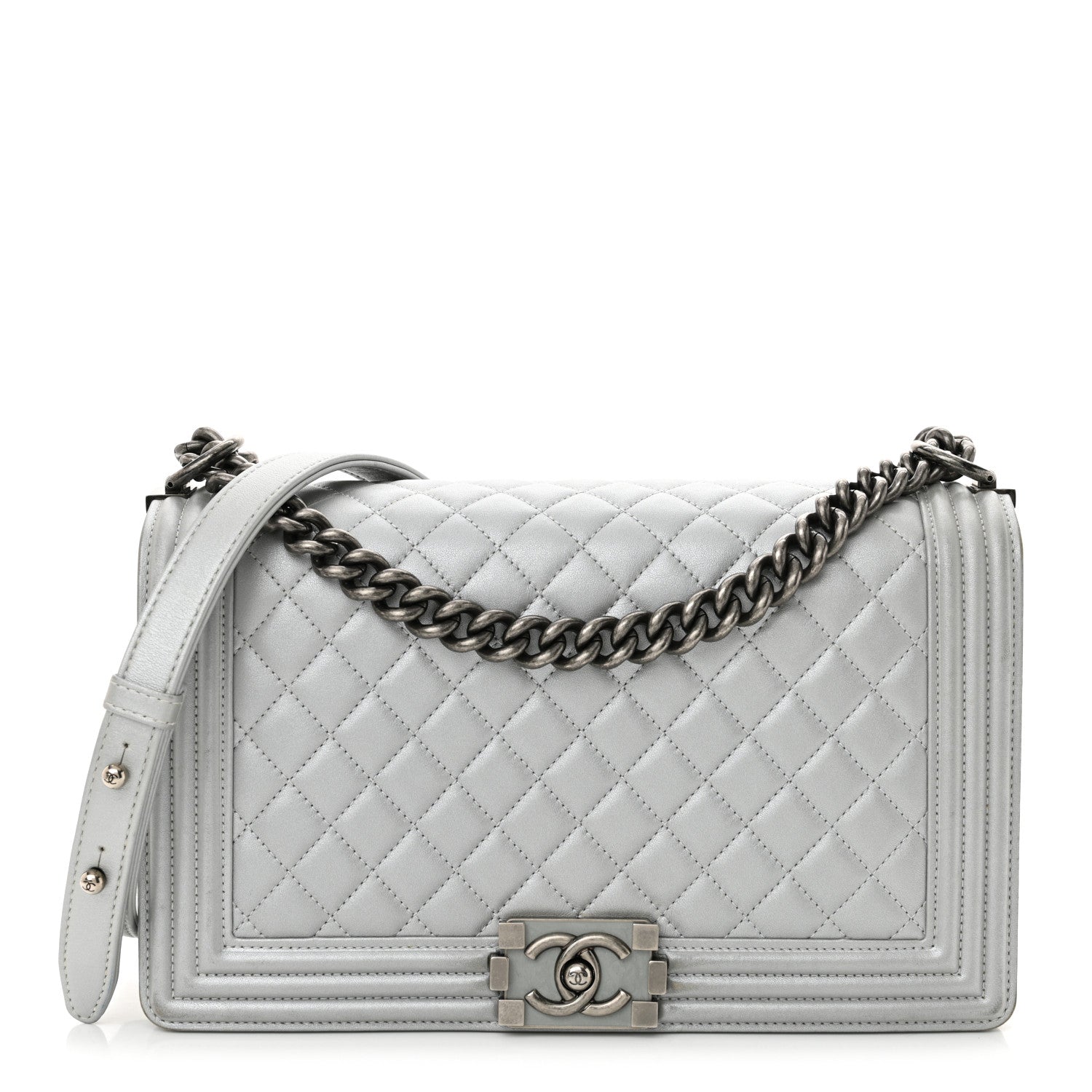 Metallic Calfskin Quilted New Medium Boy Flap Silver