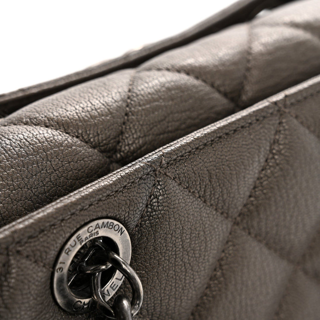 Metallic Goatskin Quilted Large City Rock Shopping Bag Silver