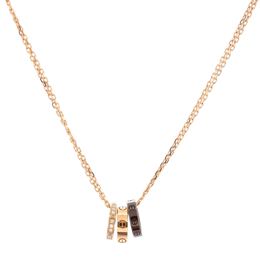 Love 3 Ring Pendant Necklace 18K Rose Gold and Ceramic with Diamonds