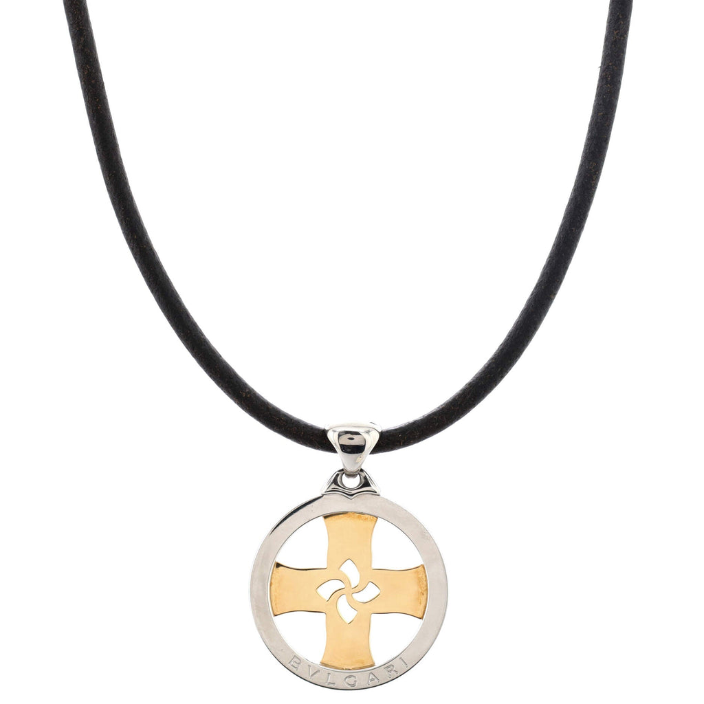 Tondo Cross Pendant Necklace Stainless Steel with 18K Yellow Gold and Cord