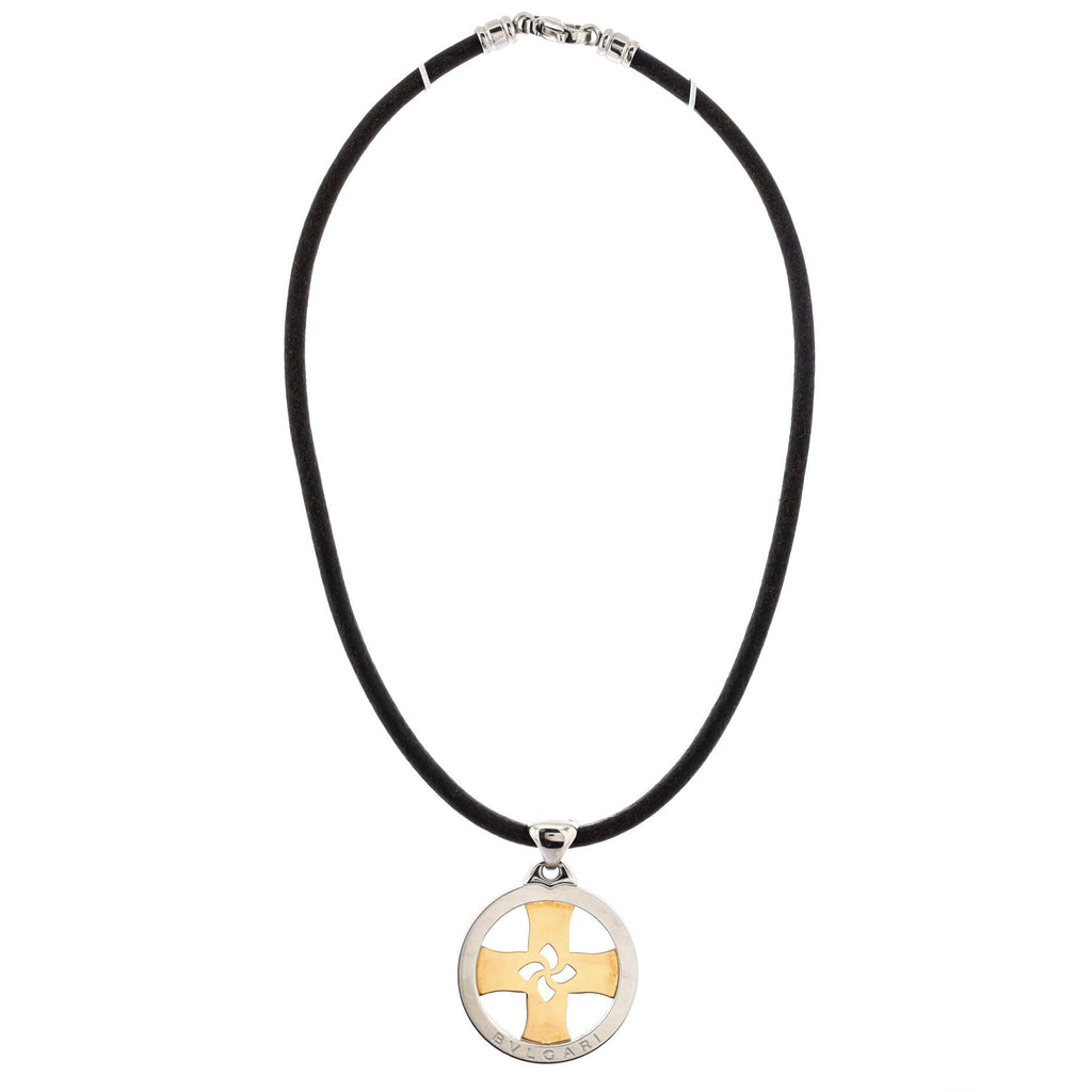 Tondo Cross Pendant Necklace Stainless Steel with 18K Yellow Gold and Cord