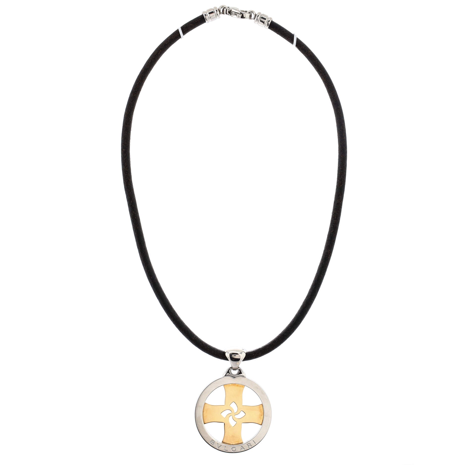 Tondo Cross Pendant Necklace Stainless Steel with 18K Yellow Gold and Cord