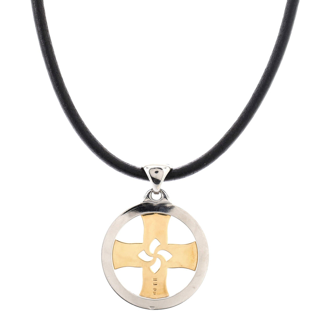Tondo Cross Pendant Necklace Stainless Steel with 18K Yellow Gold and Cord