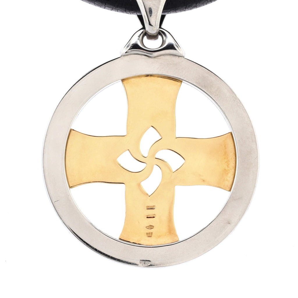 Tondo Cross Pendant Necklace Stainless Steel with 18K Yellow Gold and Cord