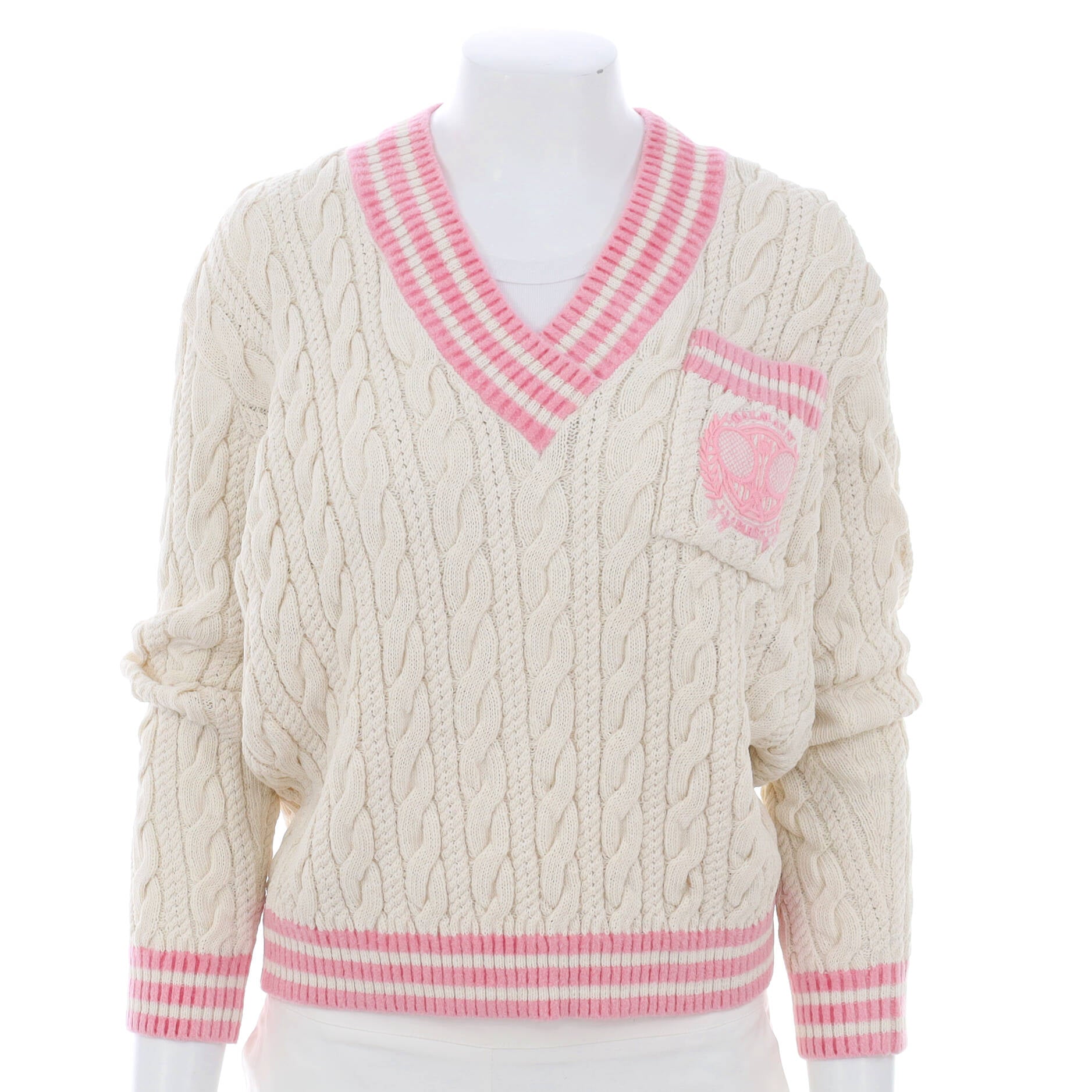 Women's Tennis V-Neck Cable Knit Sweater Wool and Polyamide Blend