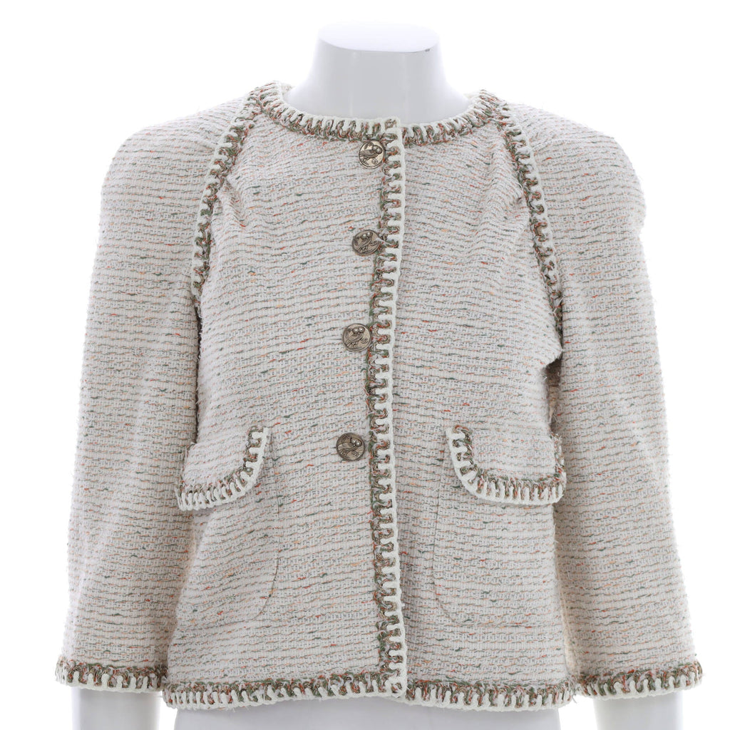 Women's Collarless Four Button Double Pocket Jacket Tweed