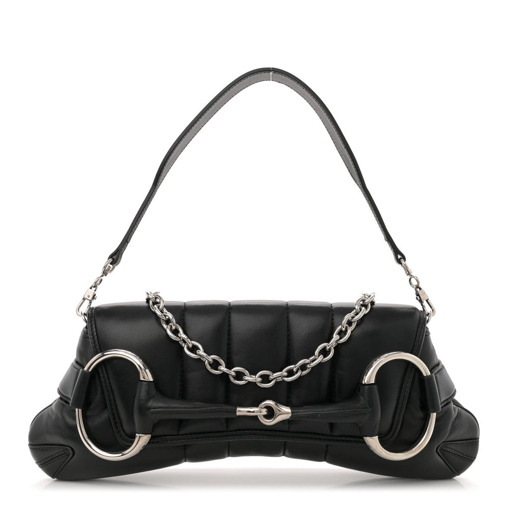 Nappa Vertical Matelasse Medium Maxi Horsebit Chain Shoulder Bag Black