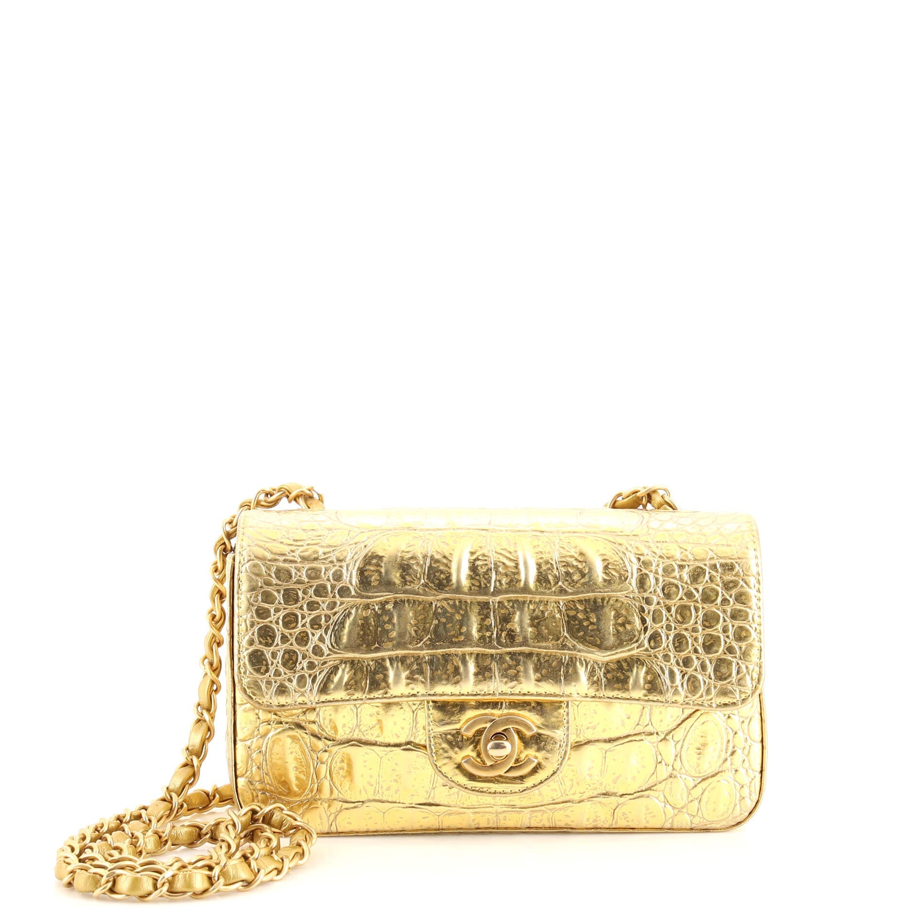 Classic Single Flap Bag Crocodile Embossed Metallic Calfskin Mini
