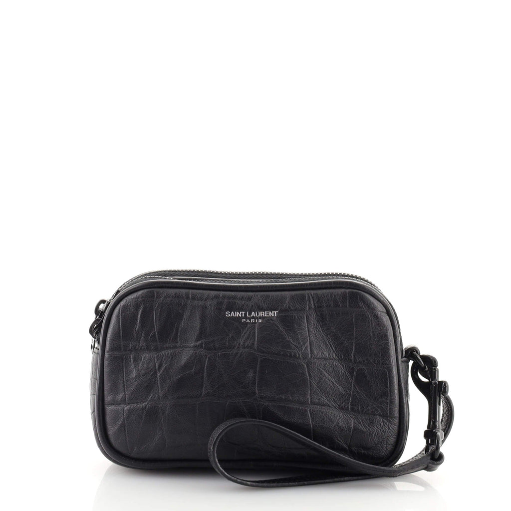 Double Zip Toiletry Pouch Crocodile Embossed Leather Mini