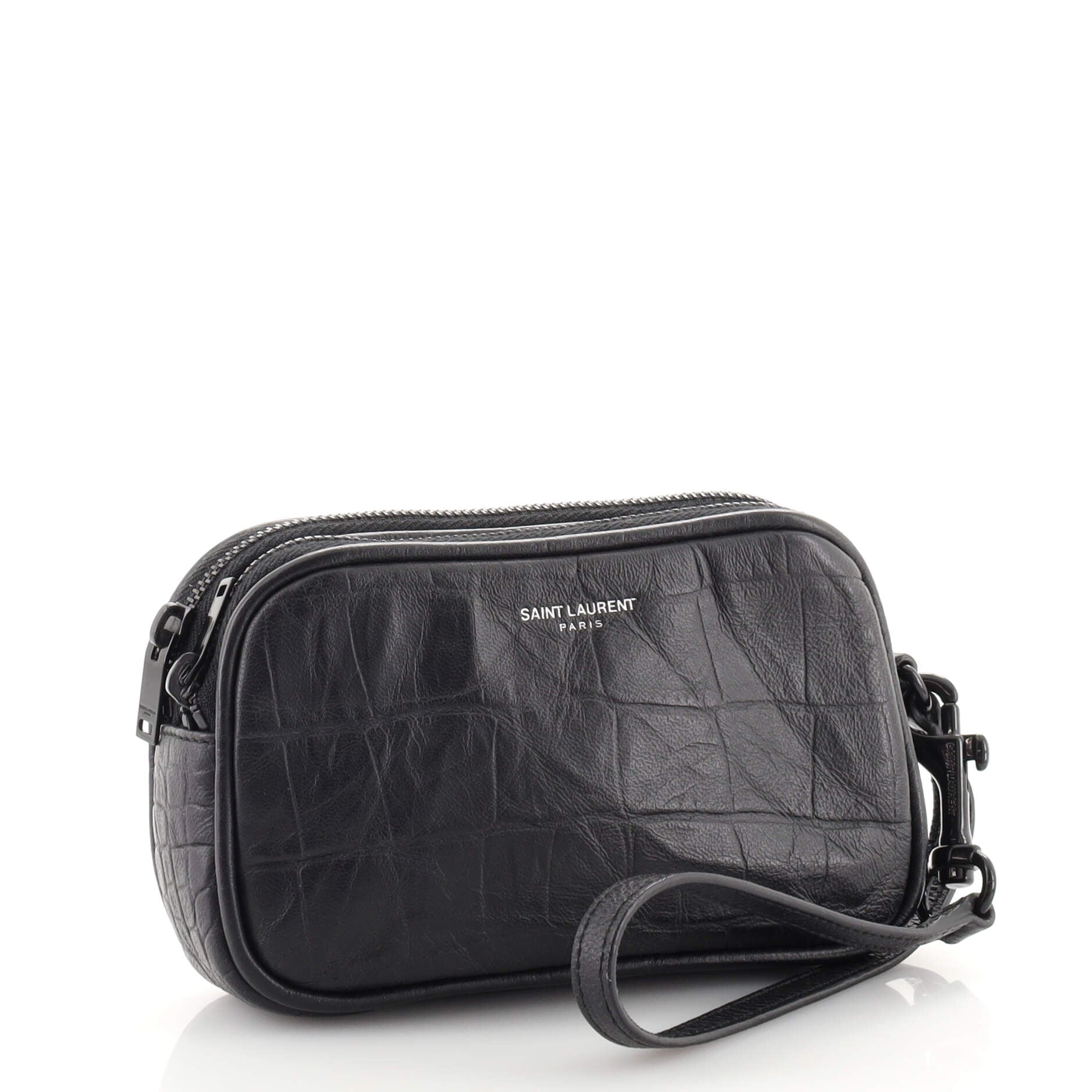 Double Zip Toiletry Pouch Crocodile Embossed Leather Mini