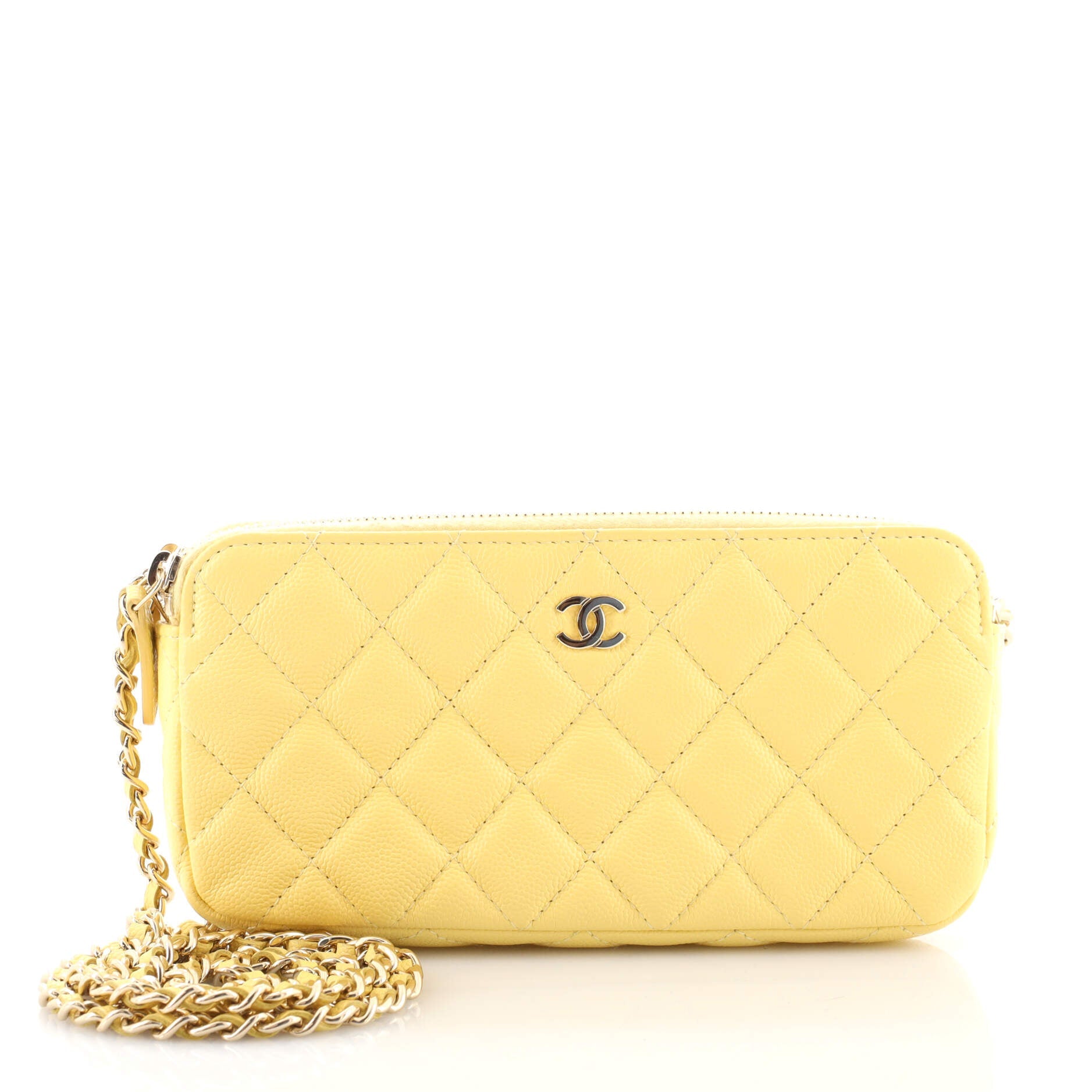 Double Zip Clutch with Chain Quilted Caviar