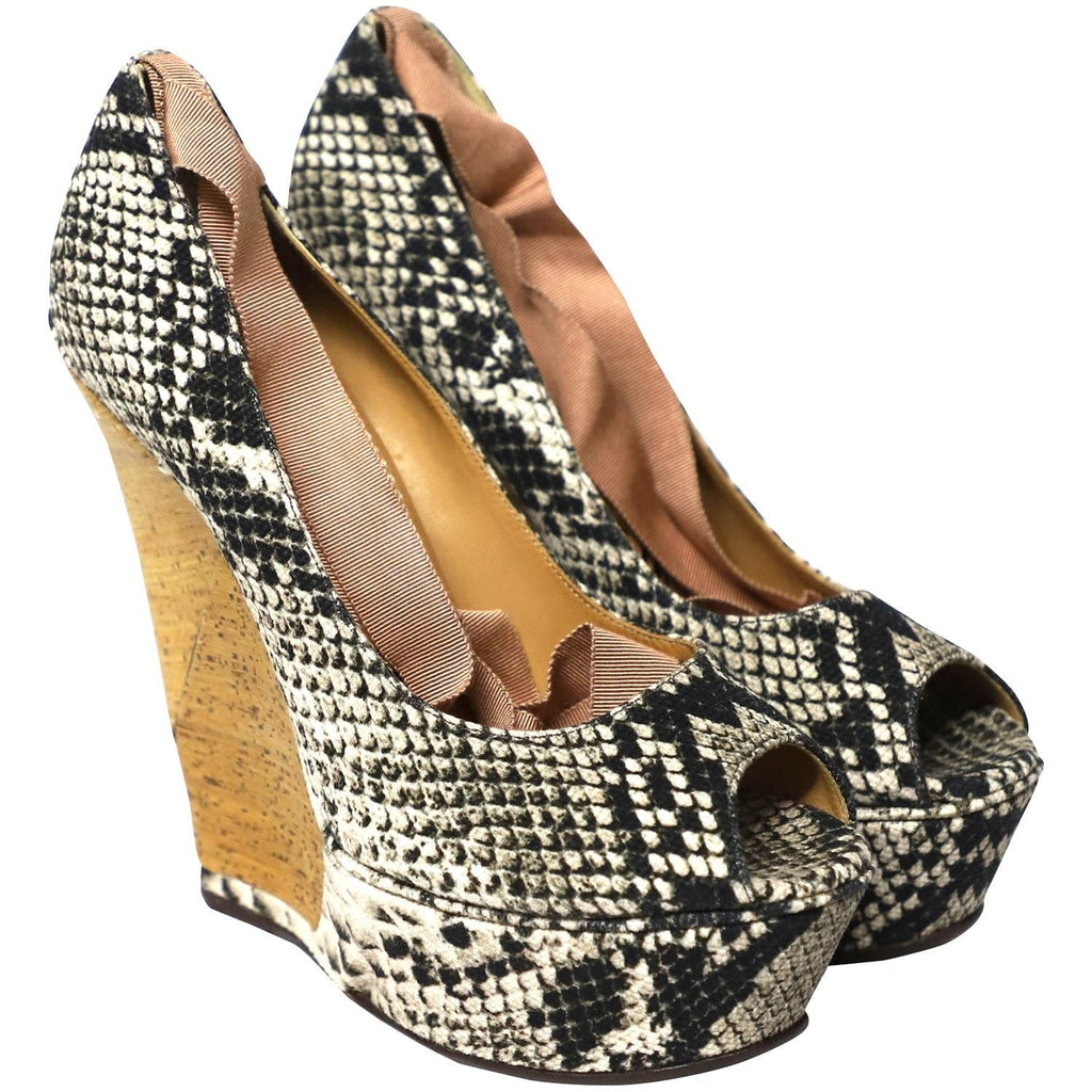 Lanvin Ribbon Strap Wood Wedge Peep-toe Sandals in Phyton Print Leather