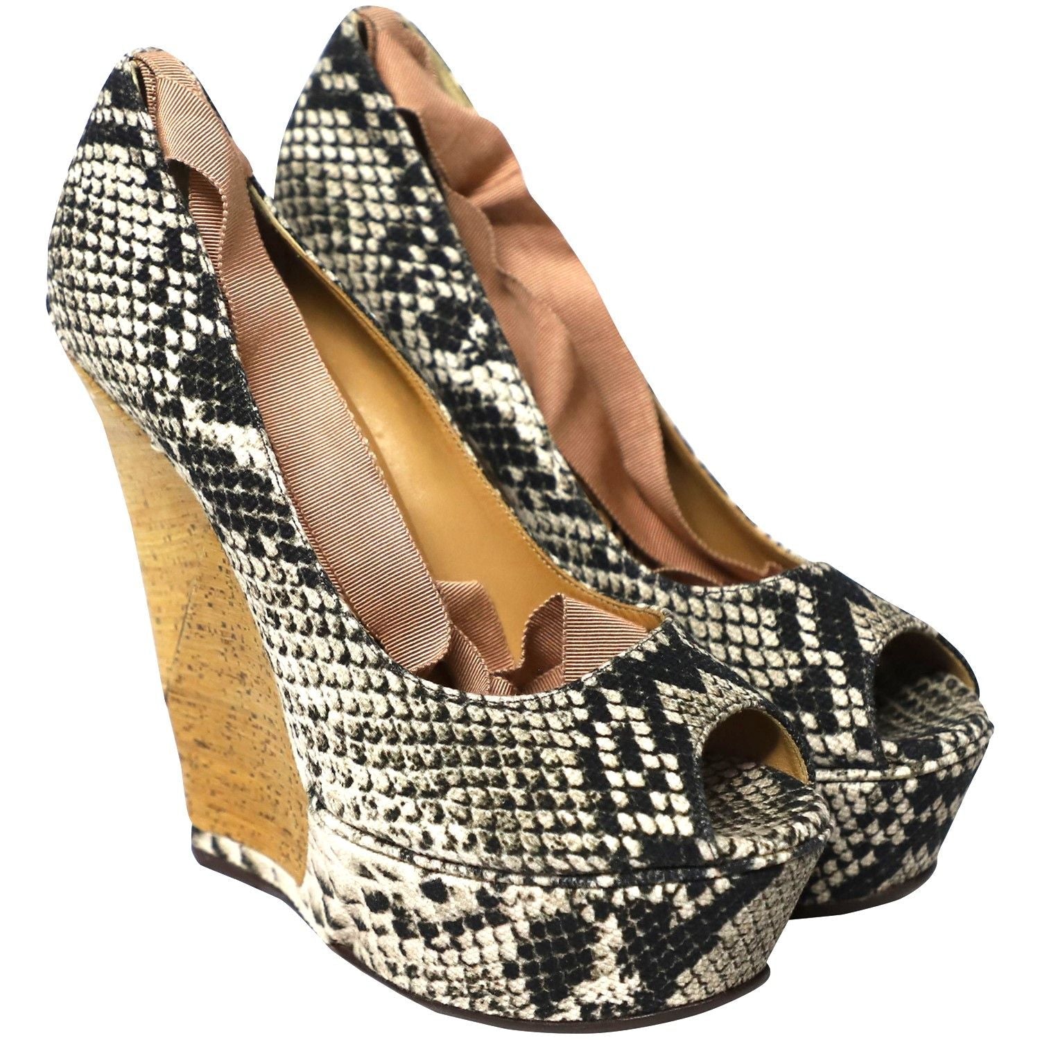 Lanvin Ribbon Strap Wood Wedge Peep-toe Sandals in Phyton Print Leather