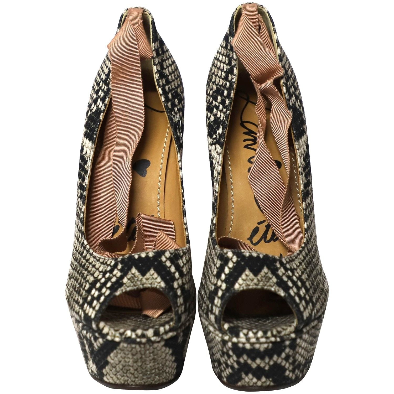 Lanvin Ribbon Strap Wood Wedge Peep-toe Sandals in Phyton Print Leather
